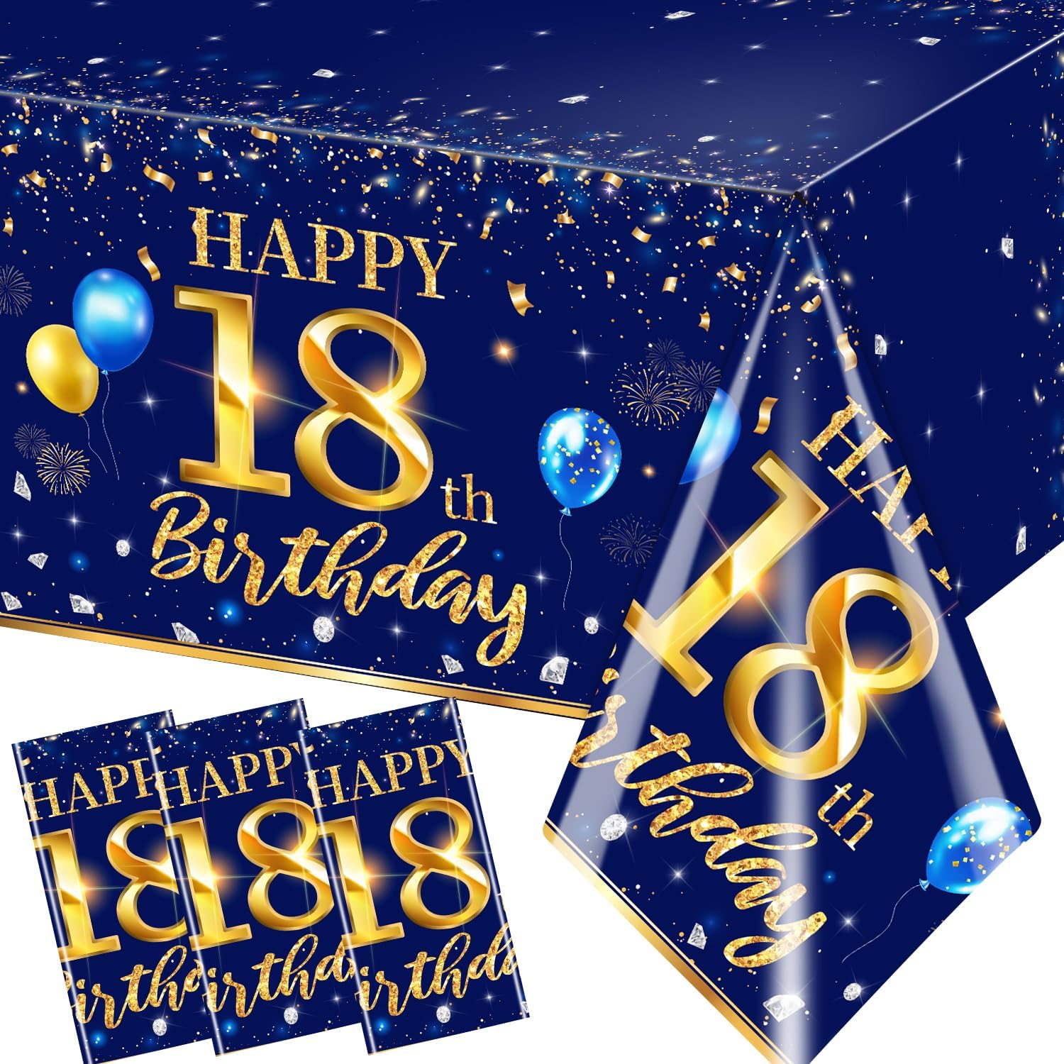 Decoraciones de cumpleaños número 18 para hombre, 3 piezas, color azul marino, fundas rectangulares de plástico impermeables de plástico dorado y