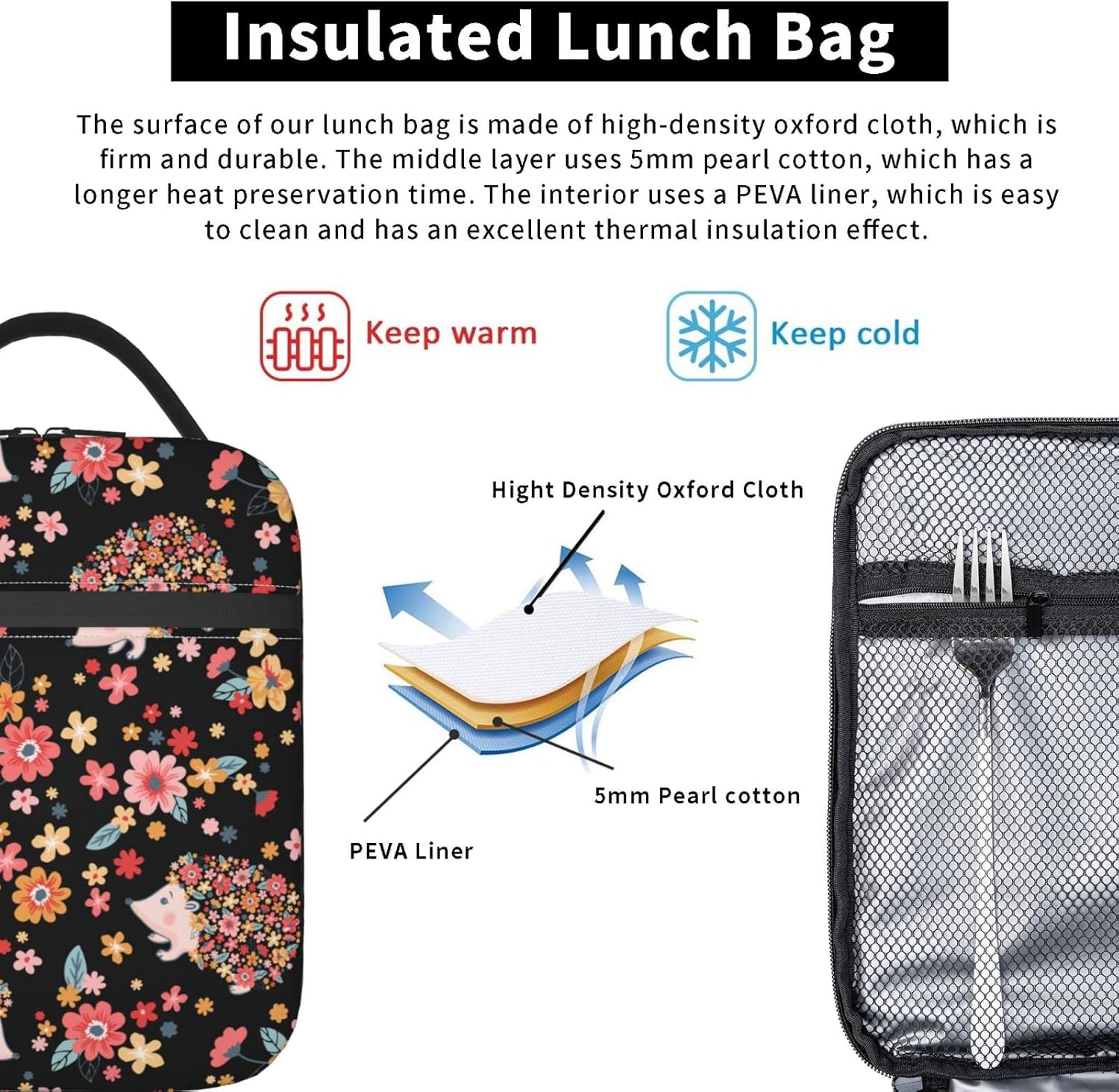 Bolsa de almuerzo con diseño de flores y erizos lindos, bolsa de comida aislada, contenedor de alimentos para la escuela, trabajo, picnic, viajes