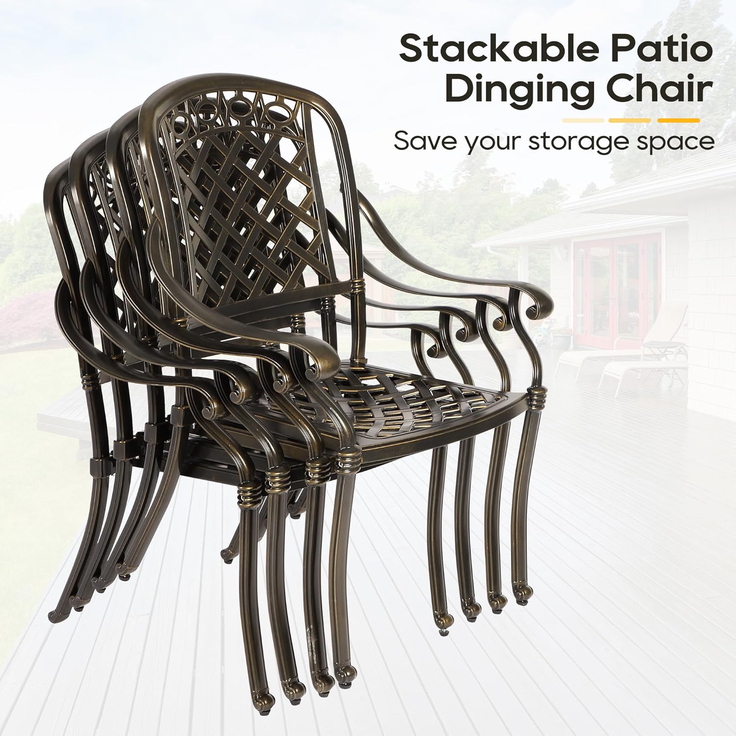 Juego de 2 sillas de comedor de aluminio fundido para patio, para todo tipo de clima, con reposabrazos y cojín, sillas de comedor apilables para