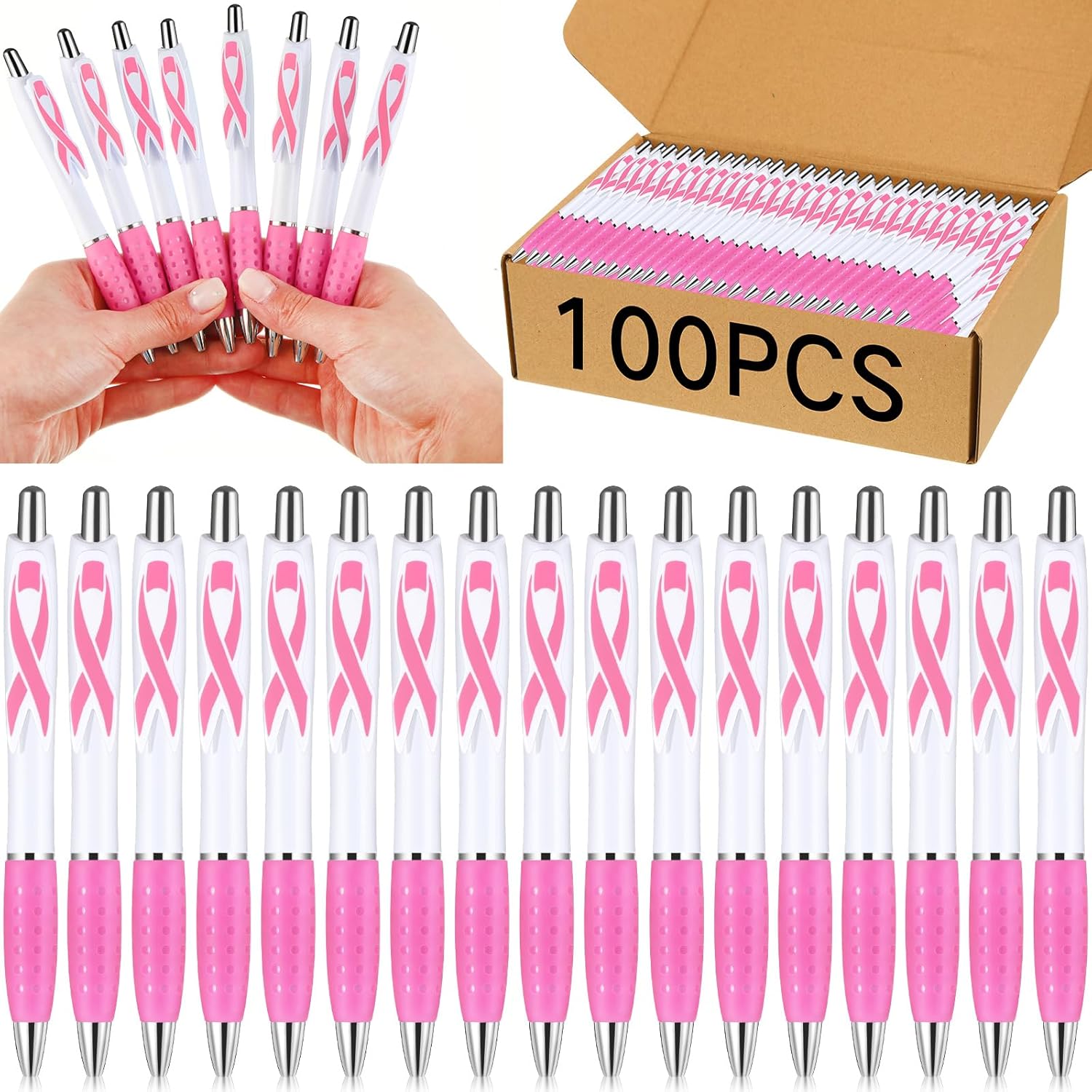 Ctosree 100 bolígrafos retráctiles de gel de cinta rosa para concientización sobre el cáncer de mama, punta fina, tinta negra, bolígrafos de