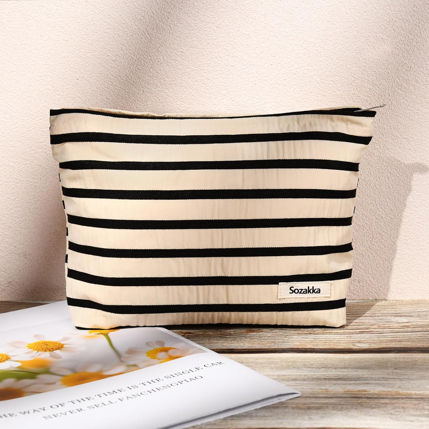 Bolsa de maquillaje de 2 piezas, bolsa grande de cosméticos a rayas, color negro y blanco, bolsa de aseo de viaje, organizador de brochas de