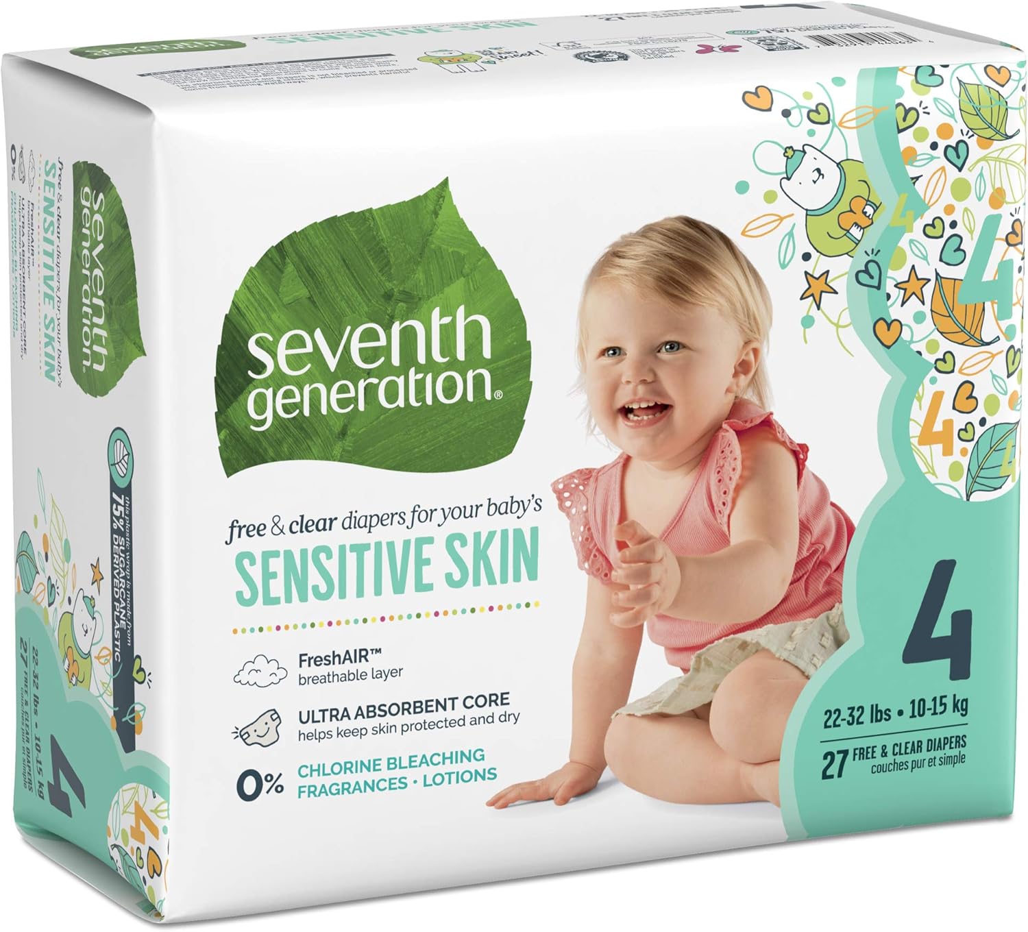 Seventh Generation Pañales de bebé para piel sensible, estampado de animales, talla 4, 27 unidades