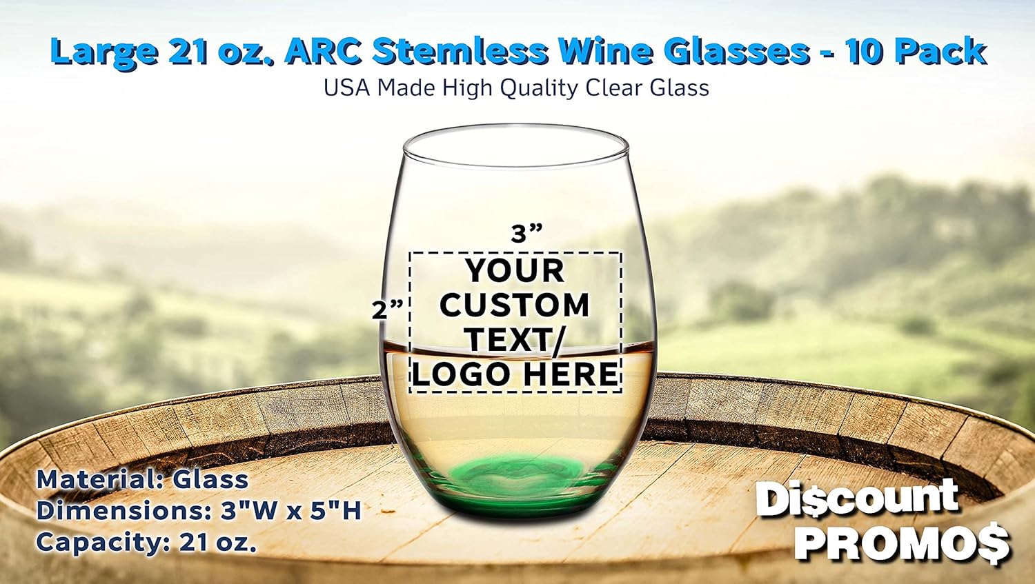 DISCOUNT PROMOS Juego de 10 copas de vino ARC sin tallo, 21 onzas, texto personalizable, logotipo, Chardonnay, Cabernet, Merlot, Sauvignon, verde