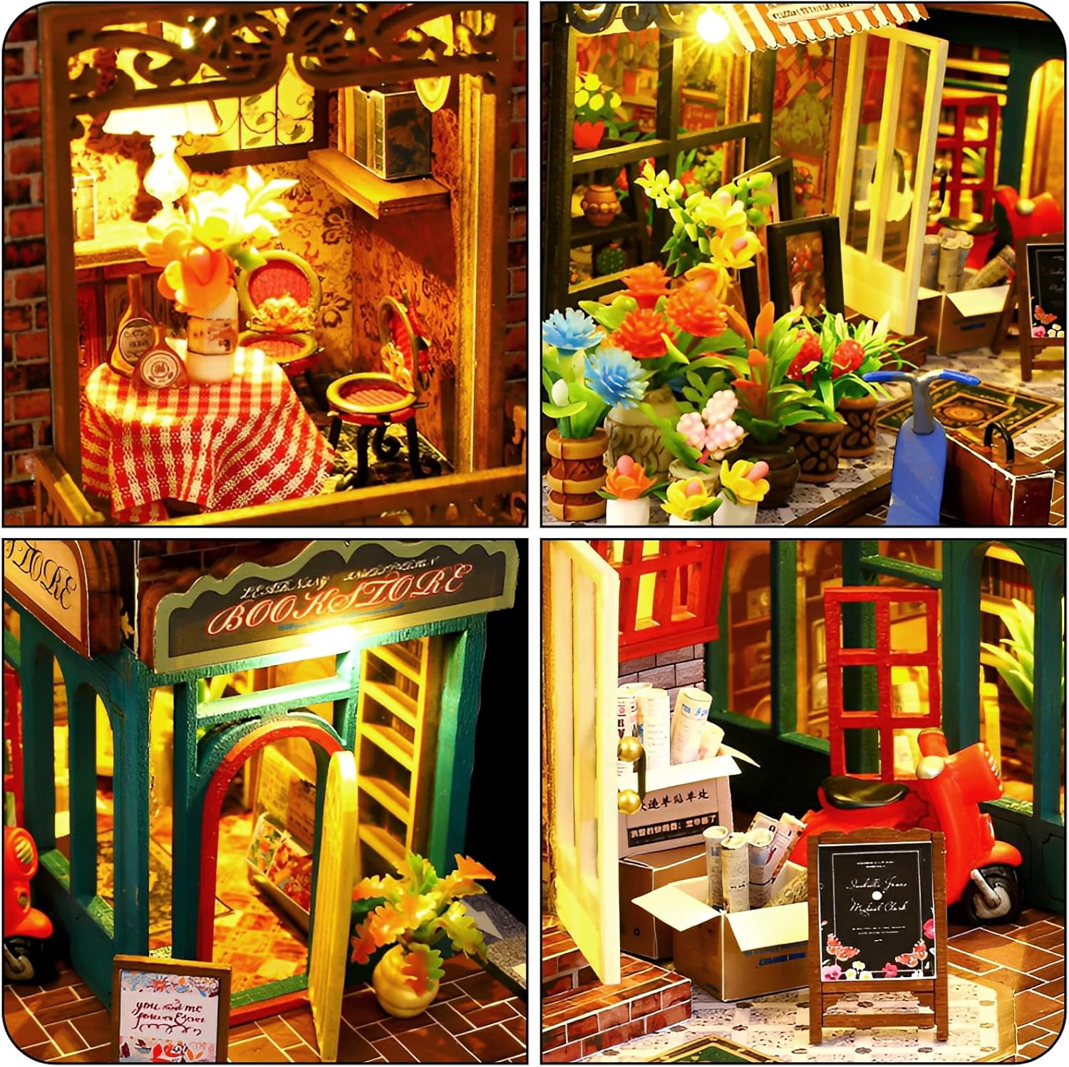 Tzgsonp Kit de rincón de libros, casa de muñecas de bricolaje, estante de libros, decoración de callejón con luz LED, kit de rincón de libros en