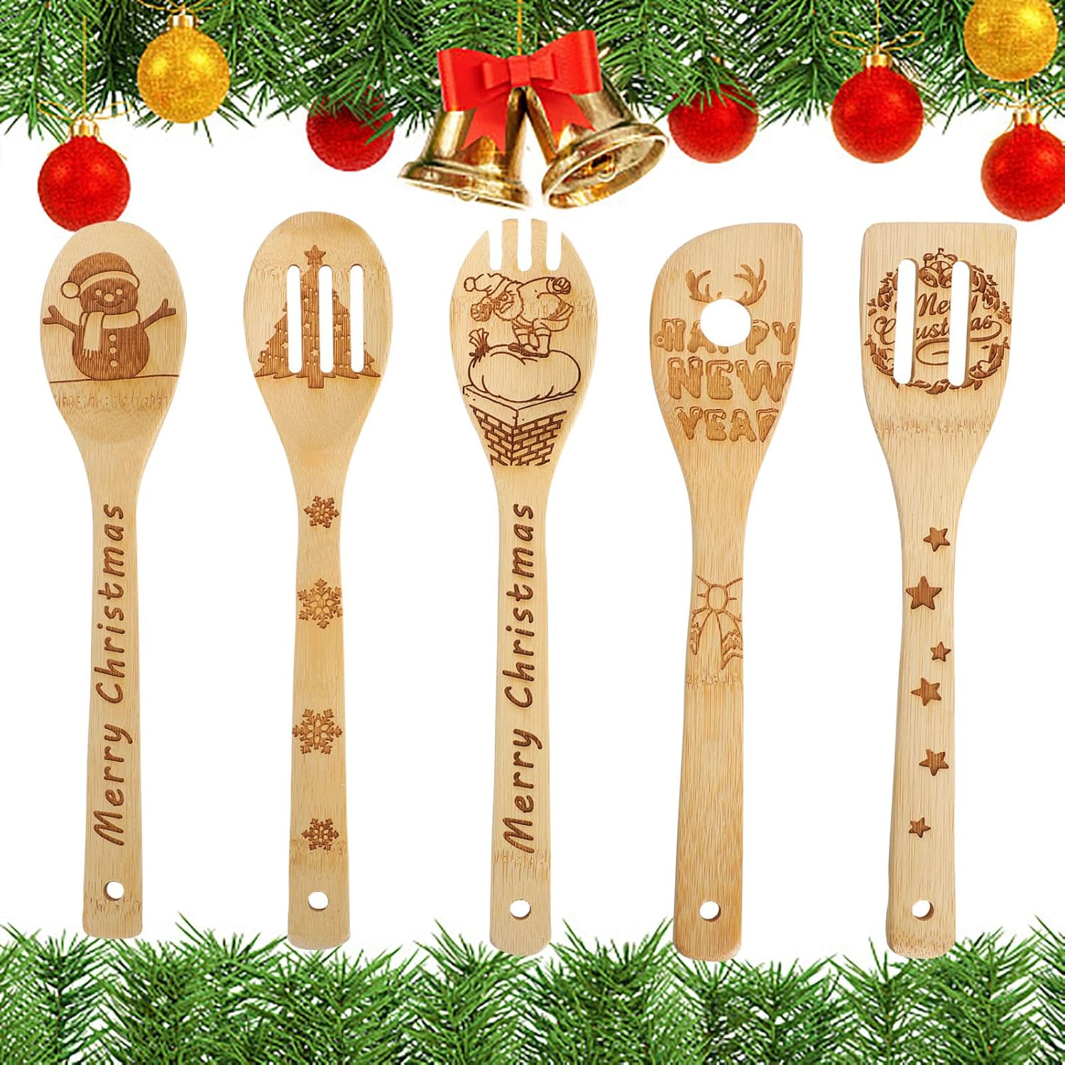 Juego de 5 cucharas de madera de Navidad, utensilios de cocina quemados, cuchara de Navidad, decoración de cocina para regalo de Navidad,