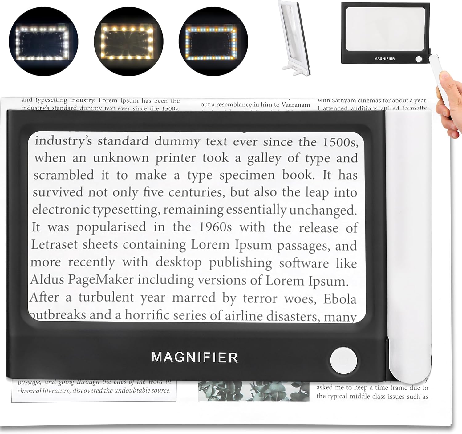 Lupa con luz, plegable de mano 5X grande rectangular iluminado lupa con LED regulable para degeneración macular personas mayores leyendo periódicos,