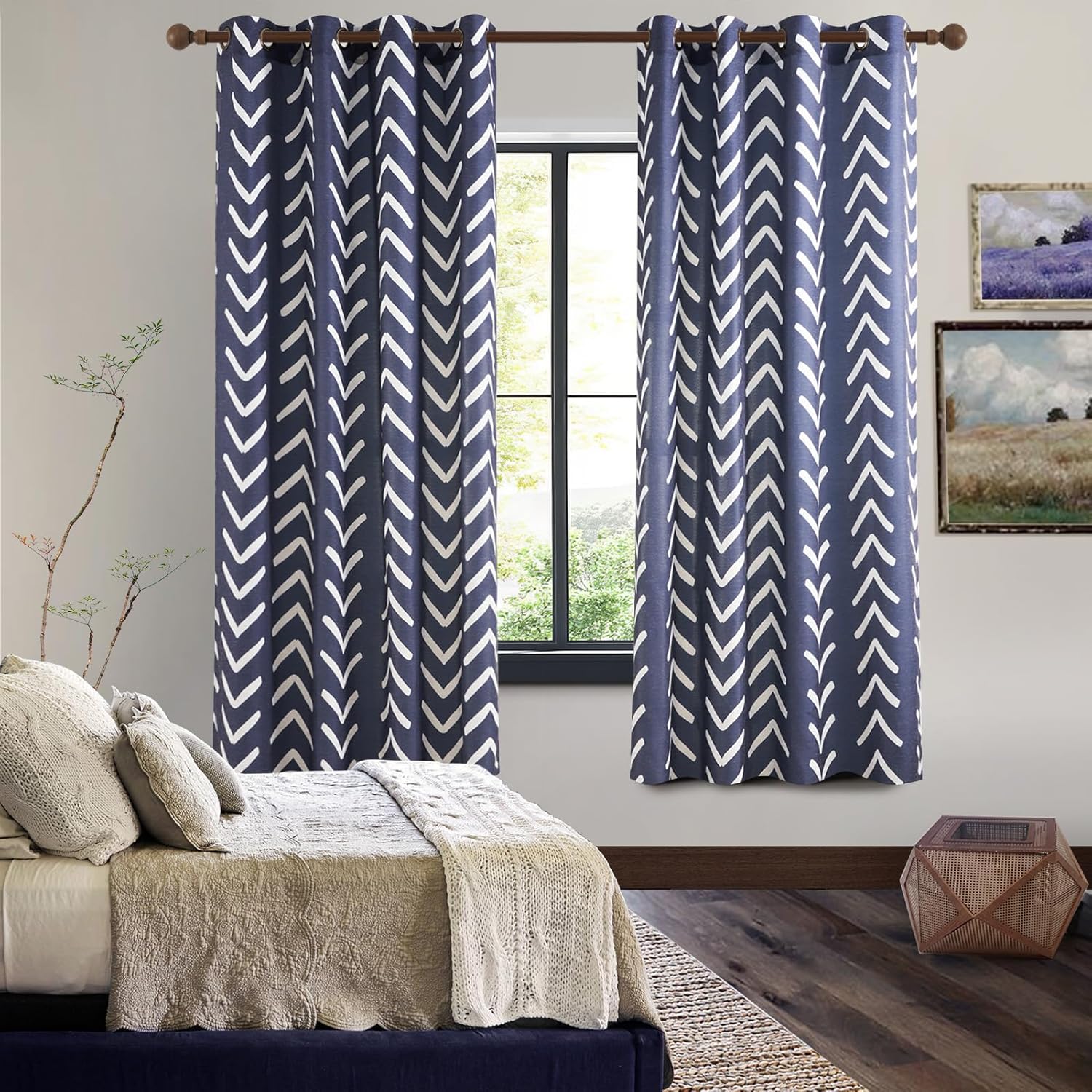 Topfinel Cortinas de lino con patrón azul y blanco con ojales de 63 pulgadas de largo para dormitorio, cortinas bohemias modernas con patrón bohemio