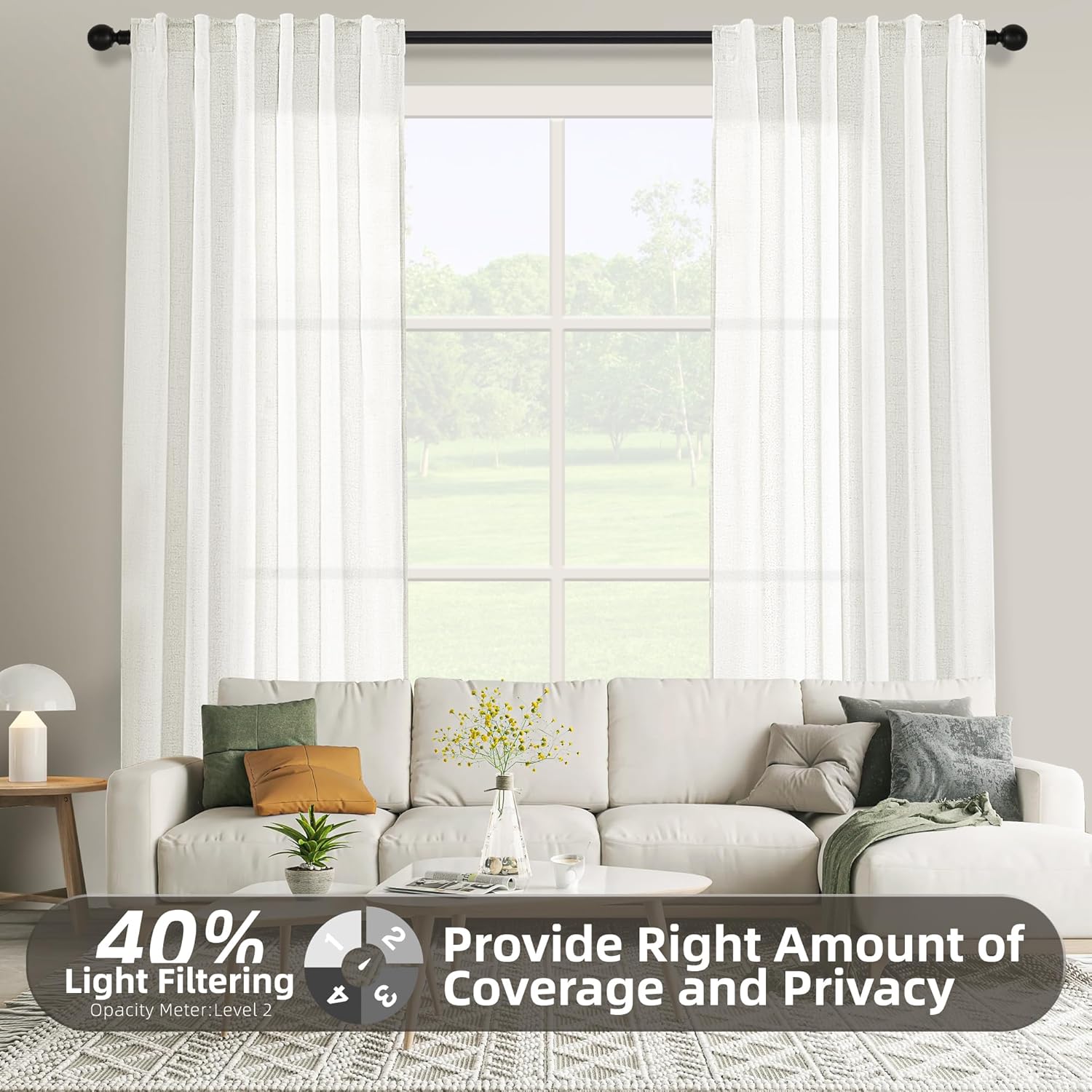 Cortinas de lino con pestaña trasera de 96 pulgadas de largo para sala de estar, cortinas semitransparentes para privacidad para dormitorio,
