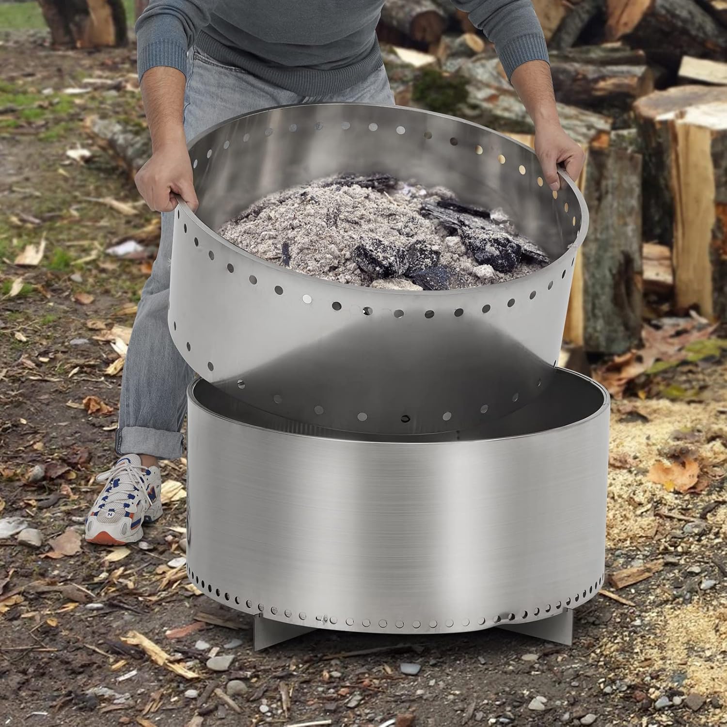 Fogata sin humo de 27 pulgadas con interruptor de aire, fogata portátil de acero inoxidable para exteriores con soporte extraíble y cenicero, ideal