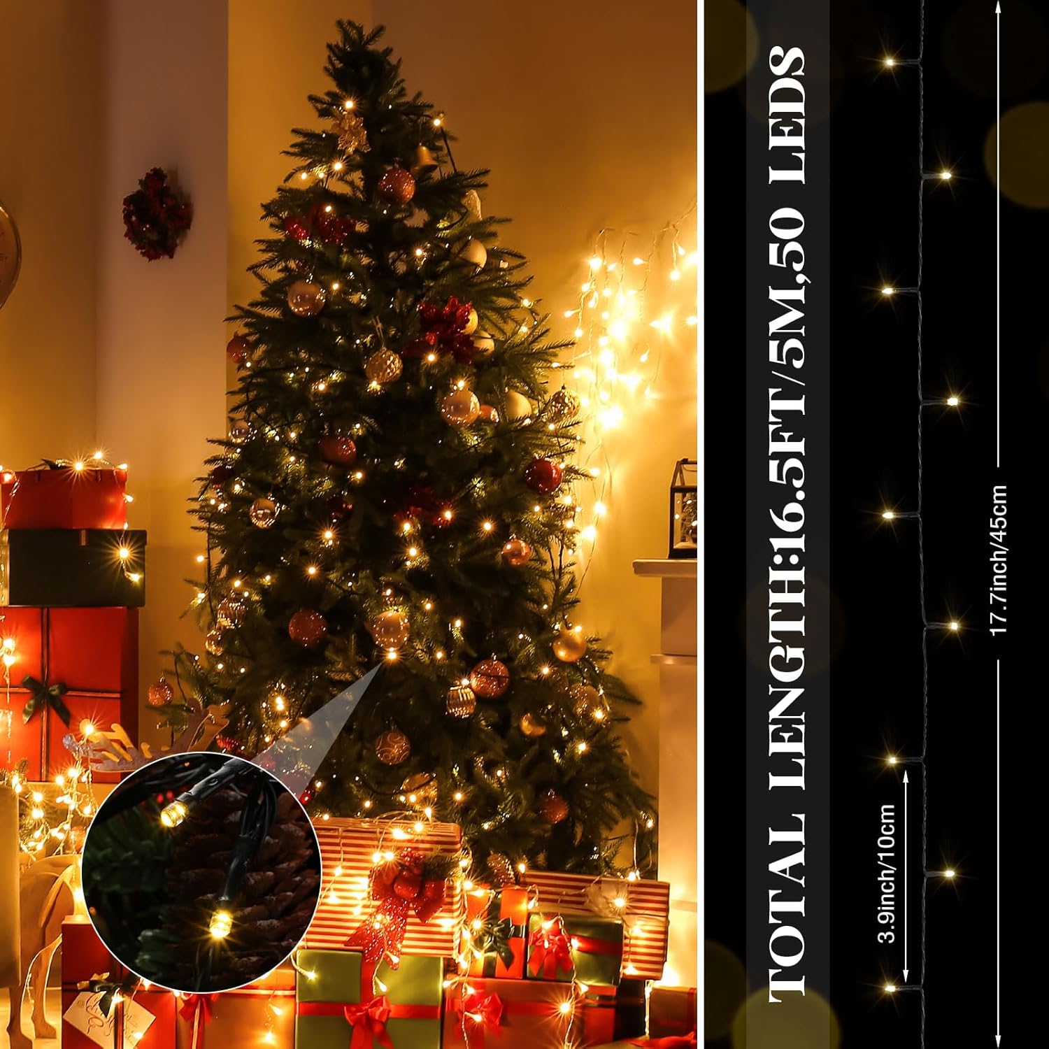 12 luces de Navidad a pilas, 50 LED, 16.5 pies, impermeables, para exteriores, árbol de Navidad, con 8 modos y temporizador, guirnalda de luces LED