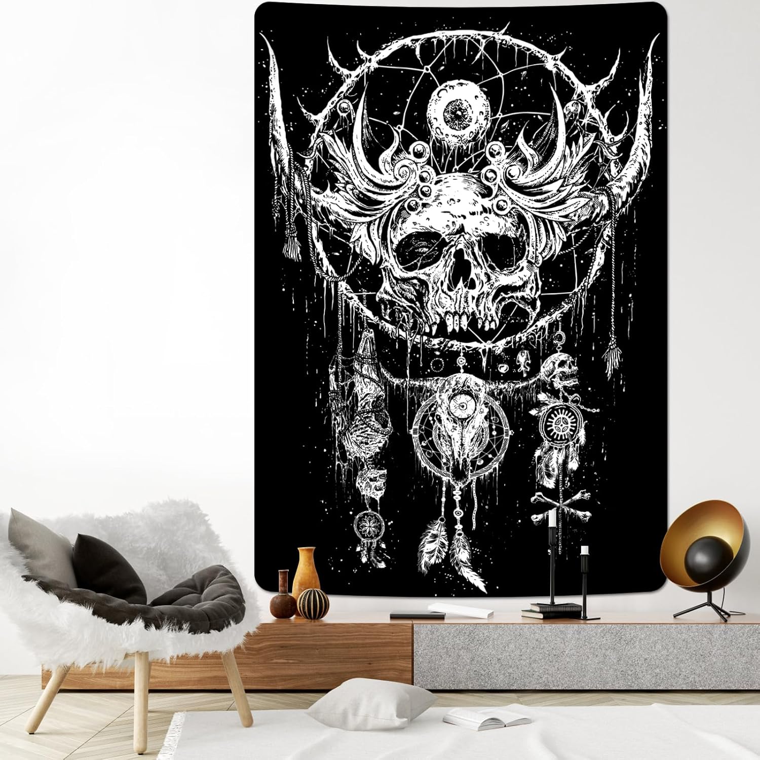 Livole Tapiz de calavera en blanco y negro, tapiz de esqueleto gótico, ojos hippies, tapiz de atrapasueños, tapiz de demonio diablo, tapiz para