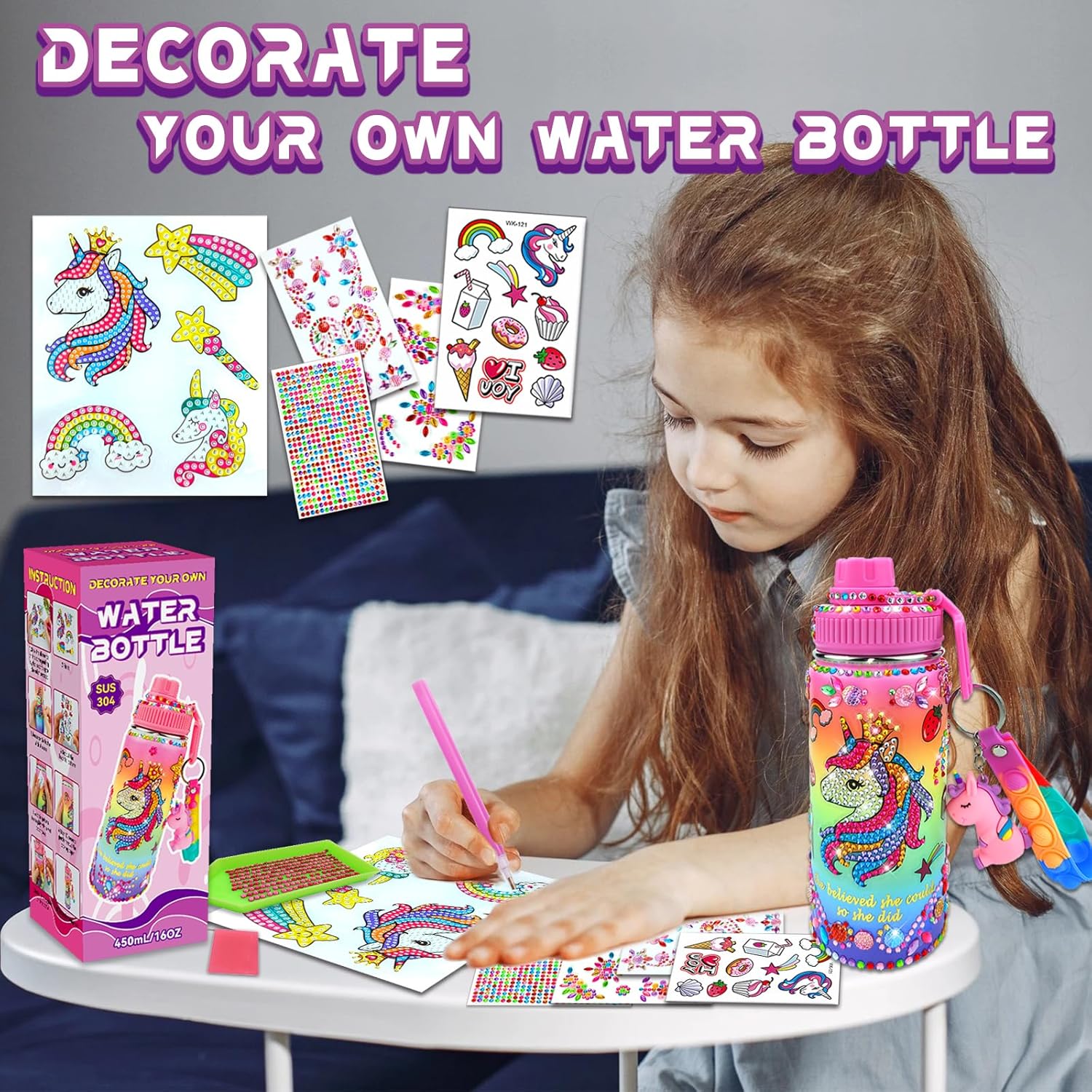 7july Decora tus propios kits de botellas de agua para niñas de 4 a 6 a 8 a 10 años (acero inoxidable), manualidades de pintura de diamantes con