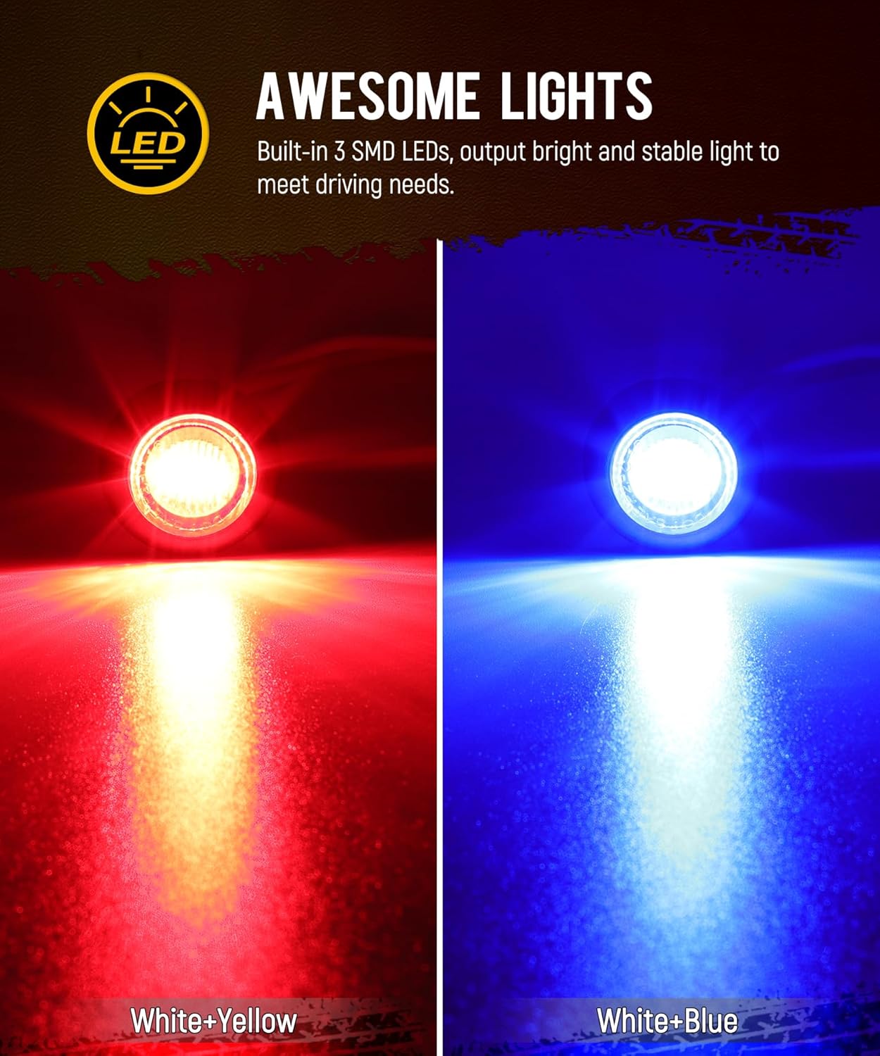 Partsam 20 unidades de luz LED redonda de doble color de 34 pulgadas, ámbarrojo a azul, luz auxiliar de luz lateral, indicadores de señal de giro