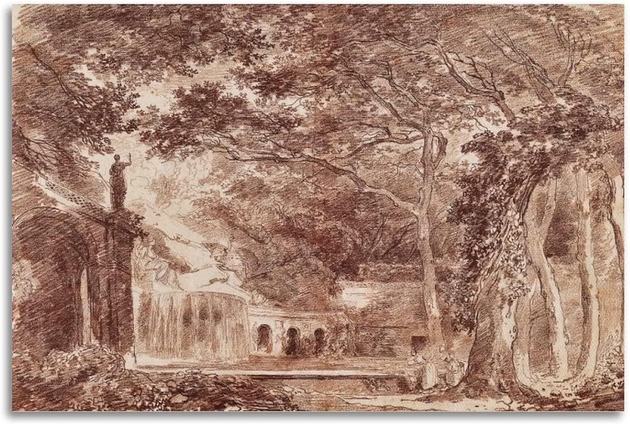 Póster de papel Giclée de Hubert Robert Giclée con la fuente ovalada en los jardines de la villa D Este Tivoli Bri Picture Print Art Poster Painting