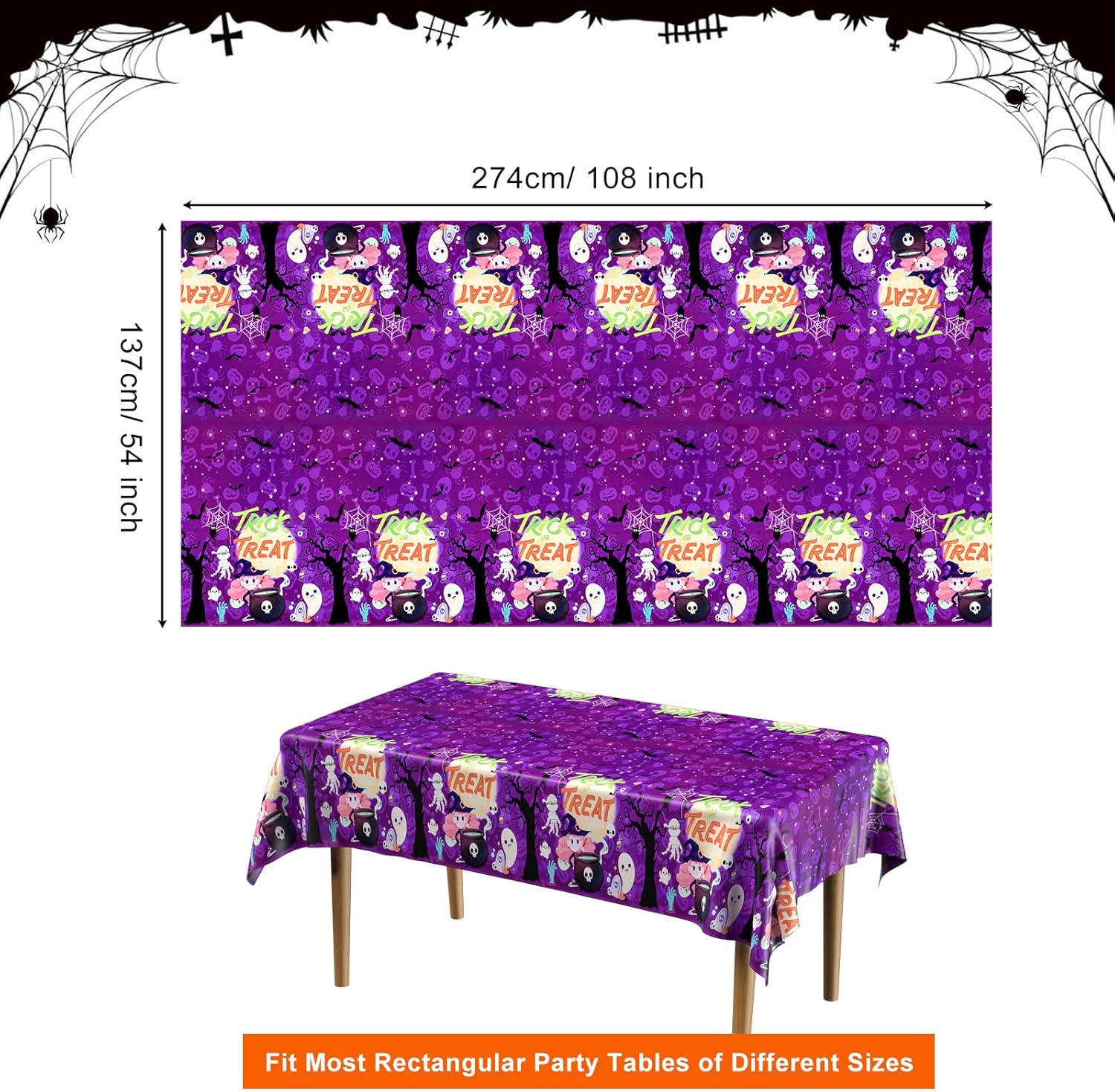 PLULON Mantel de Halloween de 54 x 108 pulgadas, mantel de plástico con diseño de murciélago zombi para decoración de mesa de cena de vacaciones,
