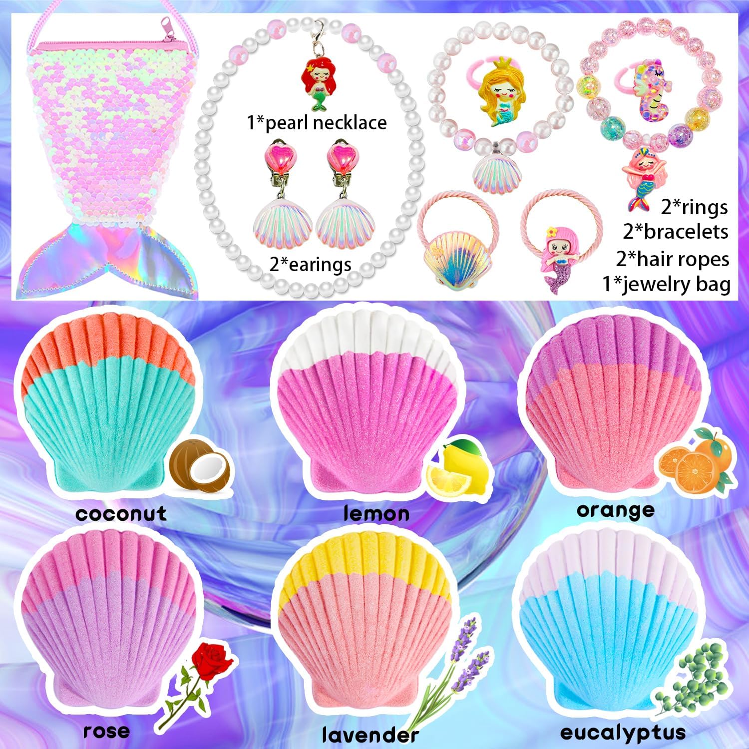 Bombas de baño de sirena para niñas y niños con sorpresa en el interior, 6+10 piezas, regalos de sirena para niñas, juguetes de 4, 5, 6, 7, 8 años,