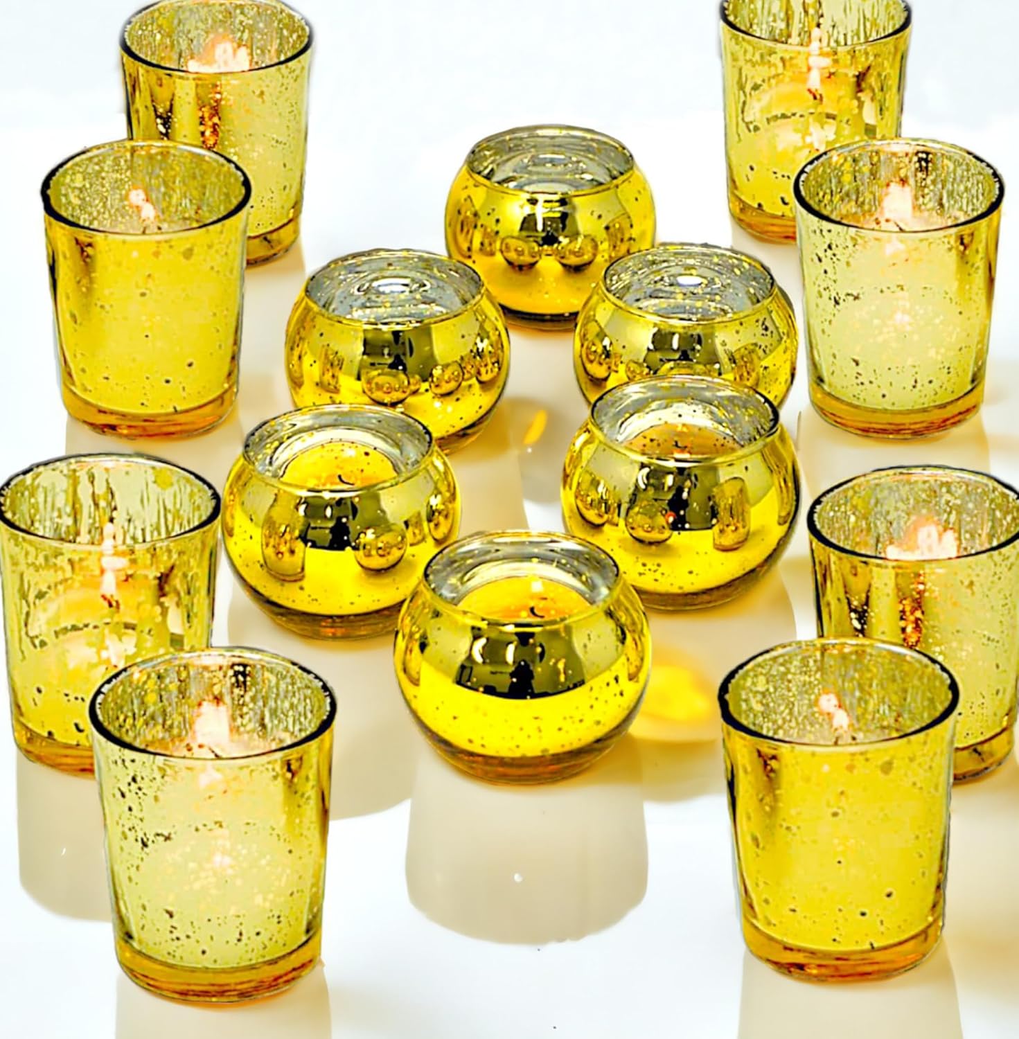24 portavelas votivas doradas surtidas, portavelas de cristal de mercurio a granel, centros de mesa de boda dorados para mesas, decoración de mesa
