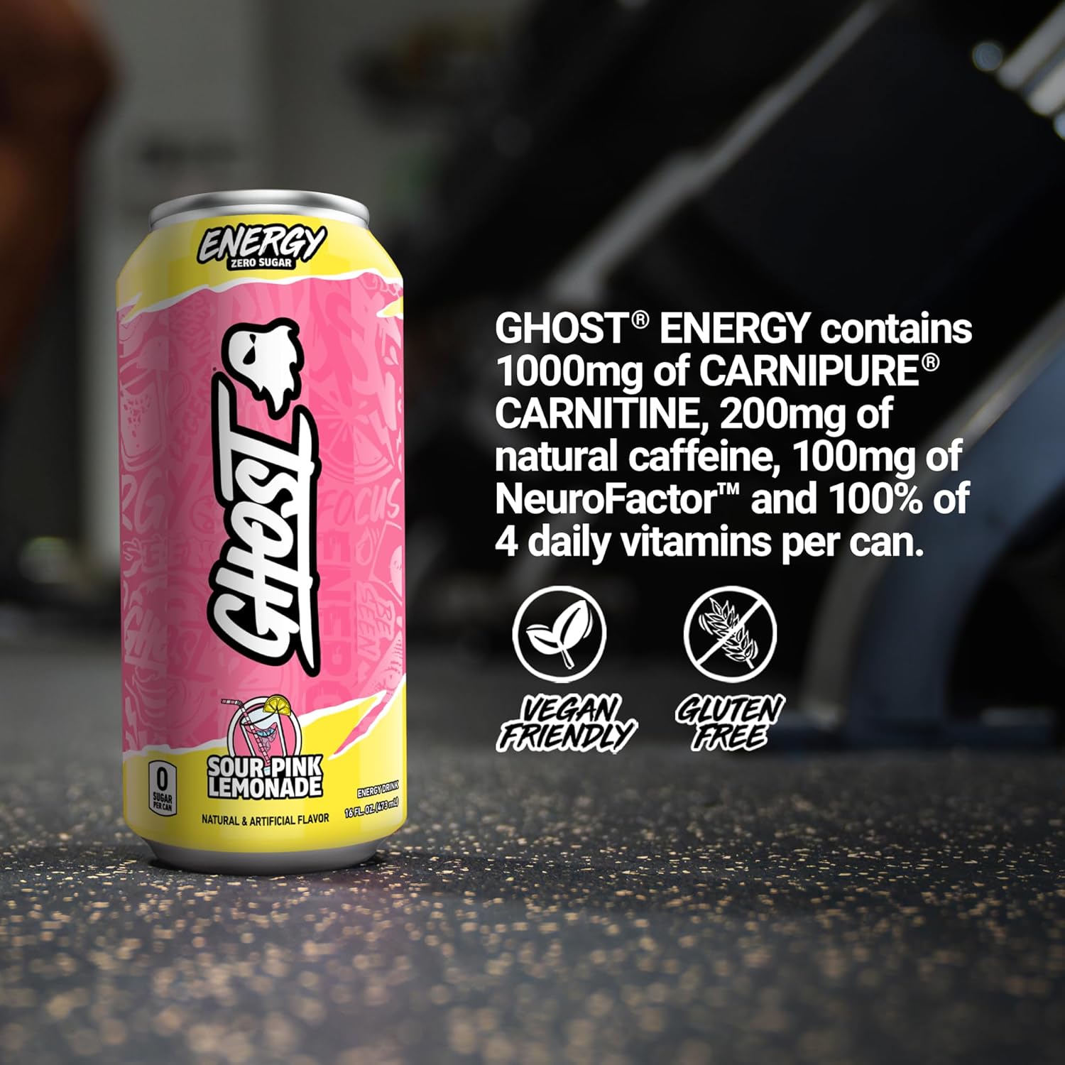 GHOST ENERGY – Bebida energética sin azúcar, paquete de 12, limonada rosa agria, latas de 16 onzas, energía y enfoque y sin colores artificiales,