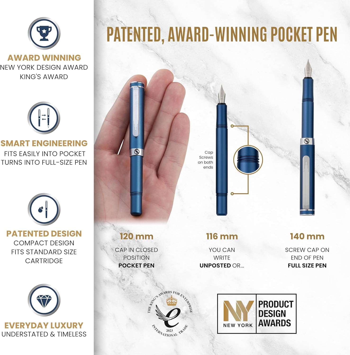 Scriveiner Pluma estilográfica EDC de lujo (fina), impresionante bolígrafo de bolsillo azul mate, acabado cromado, punta alemana Schmidt,