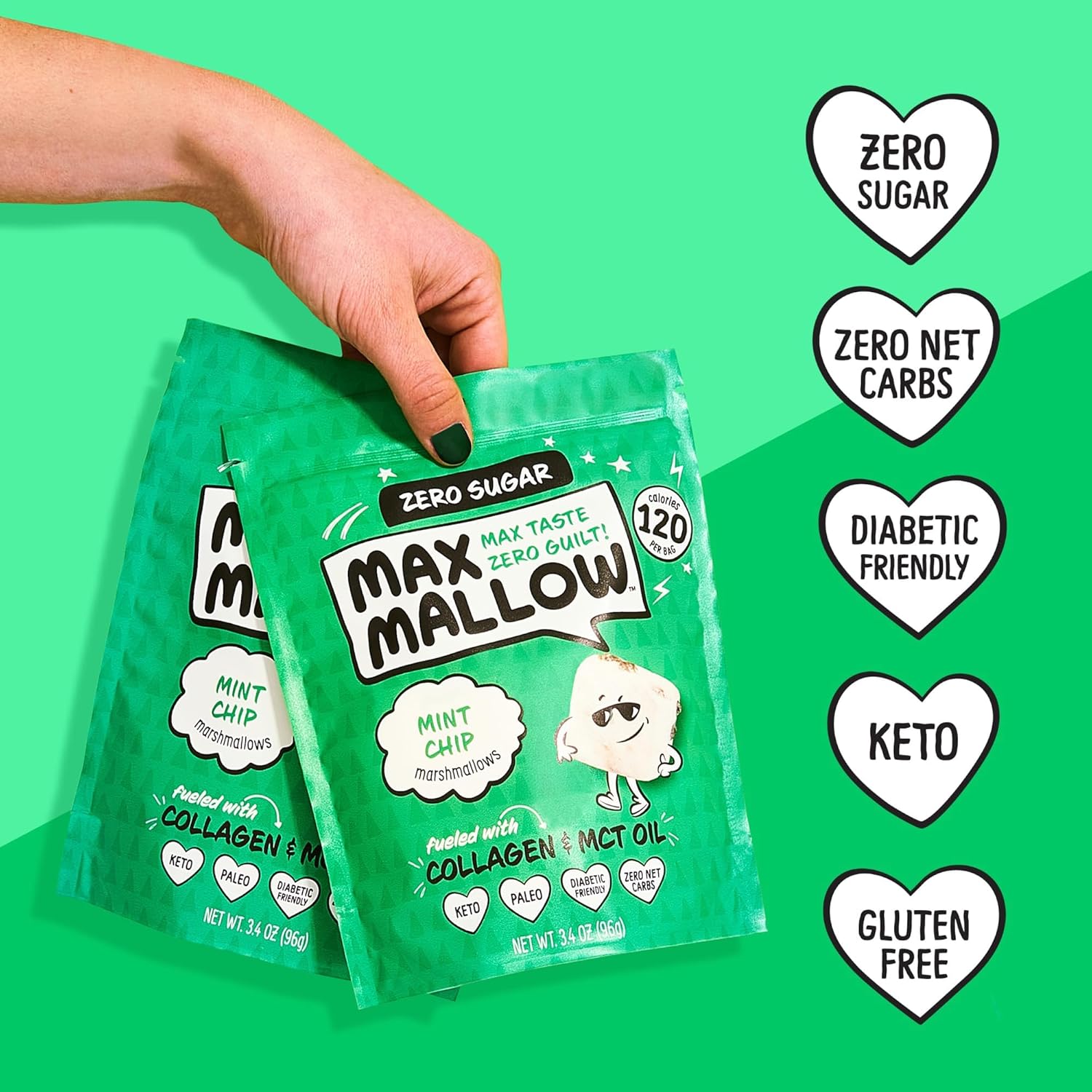 Know Brainer Max Mallow Mint Chip – Malvaviscos sin culpa y sin azúcar – Bajo en carbohidratos, cero grasas, sin gluten y cetogénico – Malvavisco