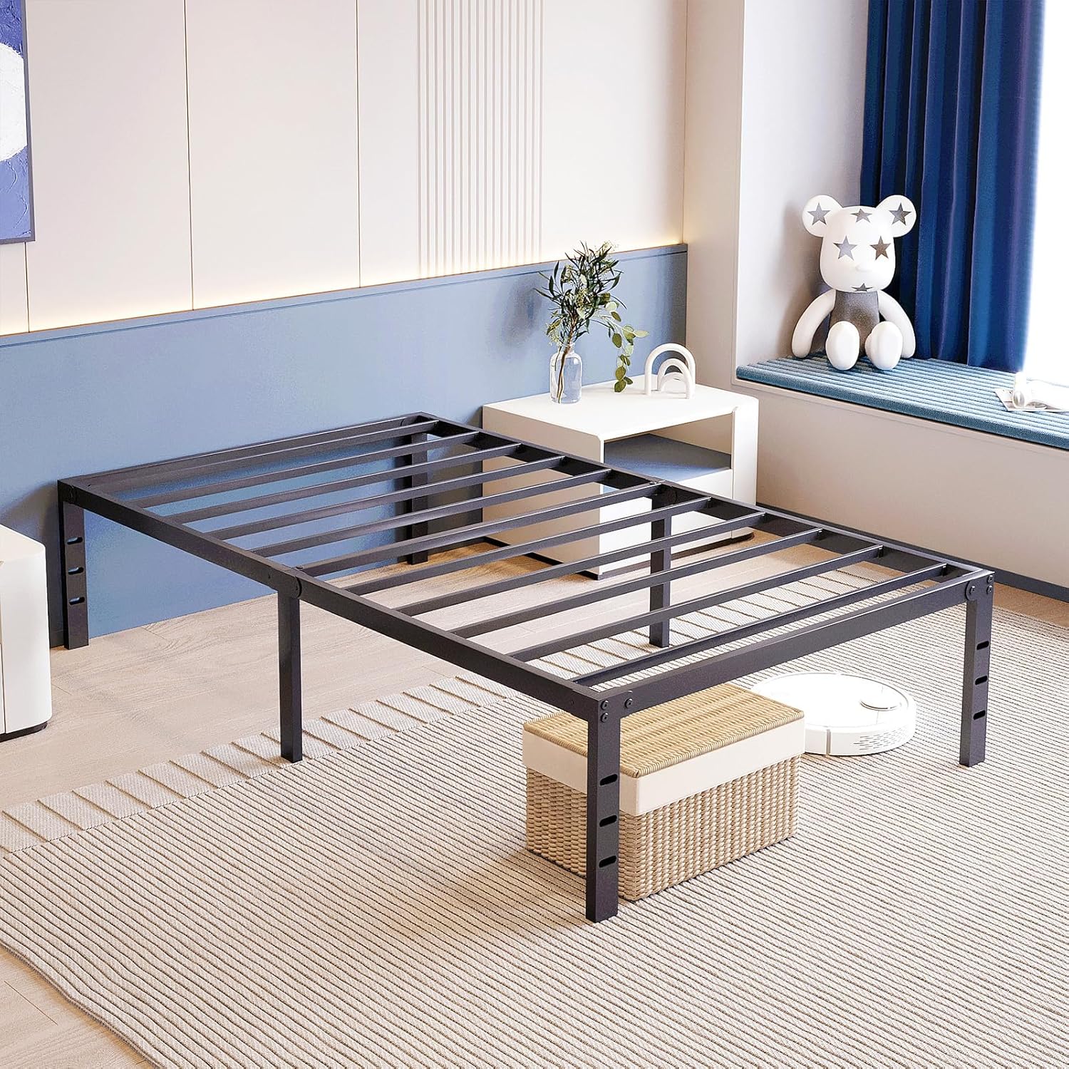 zizin Base de cama tamaño King de 16 pulgadas, plataforma de metal, no necesita somier, base de colchón con listones de acero, soporte de cama