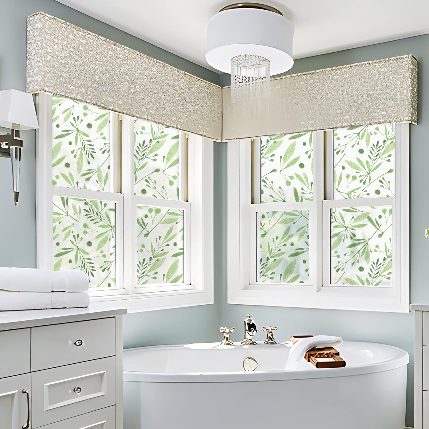DKTIE Leaves Series – Película de privacidad para ventana de baño con kit de instalación, película de vidrieras de estilo nórdico a la moda,