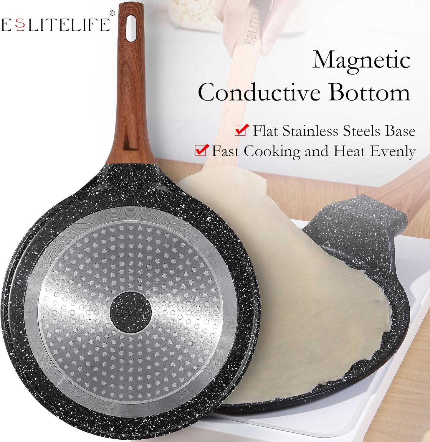 ESLITE LIFE Sartén antiadherente para crepas con esparcidor, sartén plana con revestimiento de cerámica de 9.5 pulgadas, sartén para tortilla Tawa