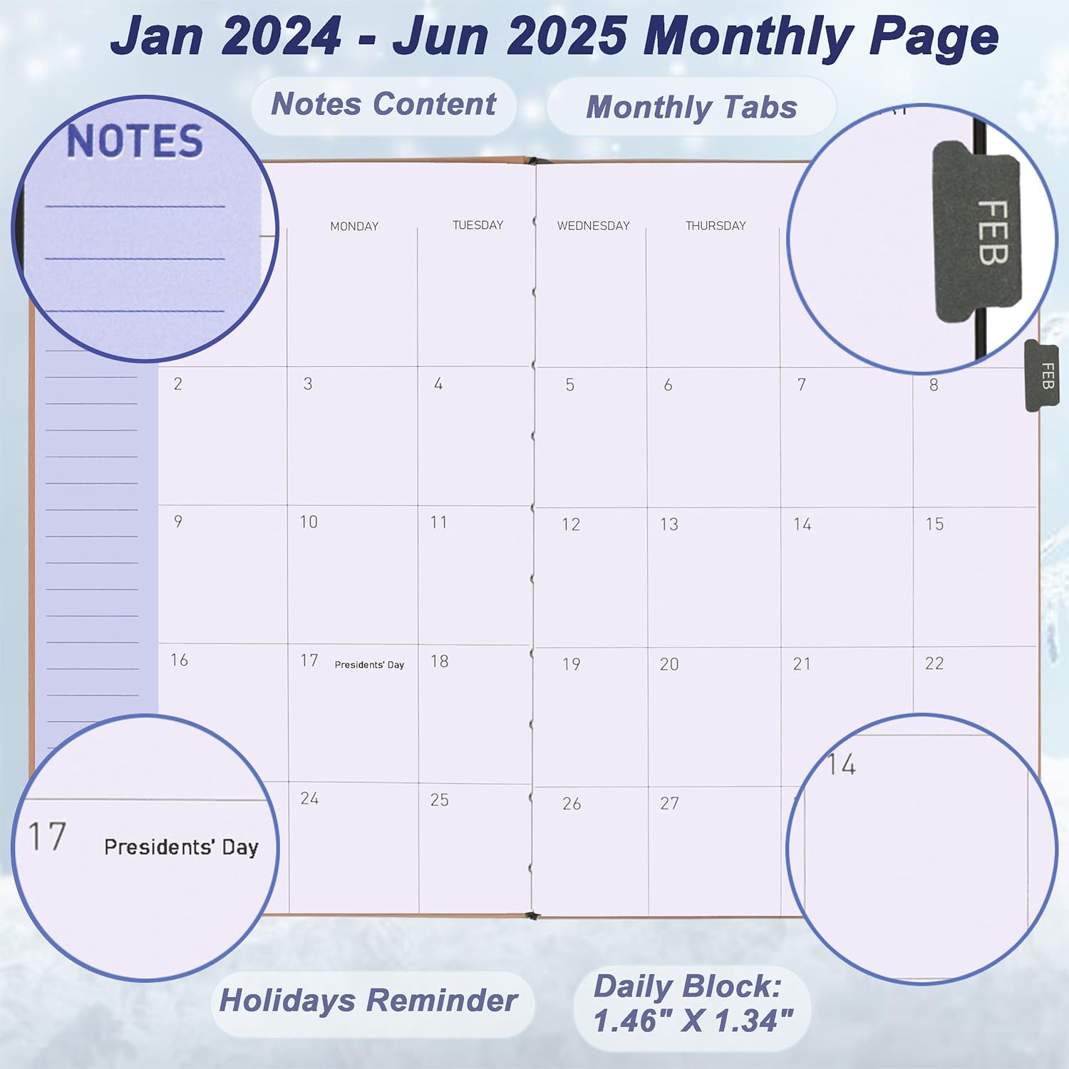 Agenda diaria 2024-2025, agenda semanal mensual de enero de 2024 a junio de 2025, agenda de tapa dura de 18 meses con pestañas, calendario de año