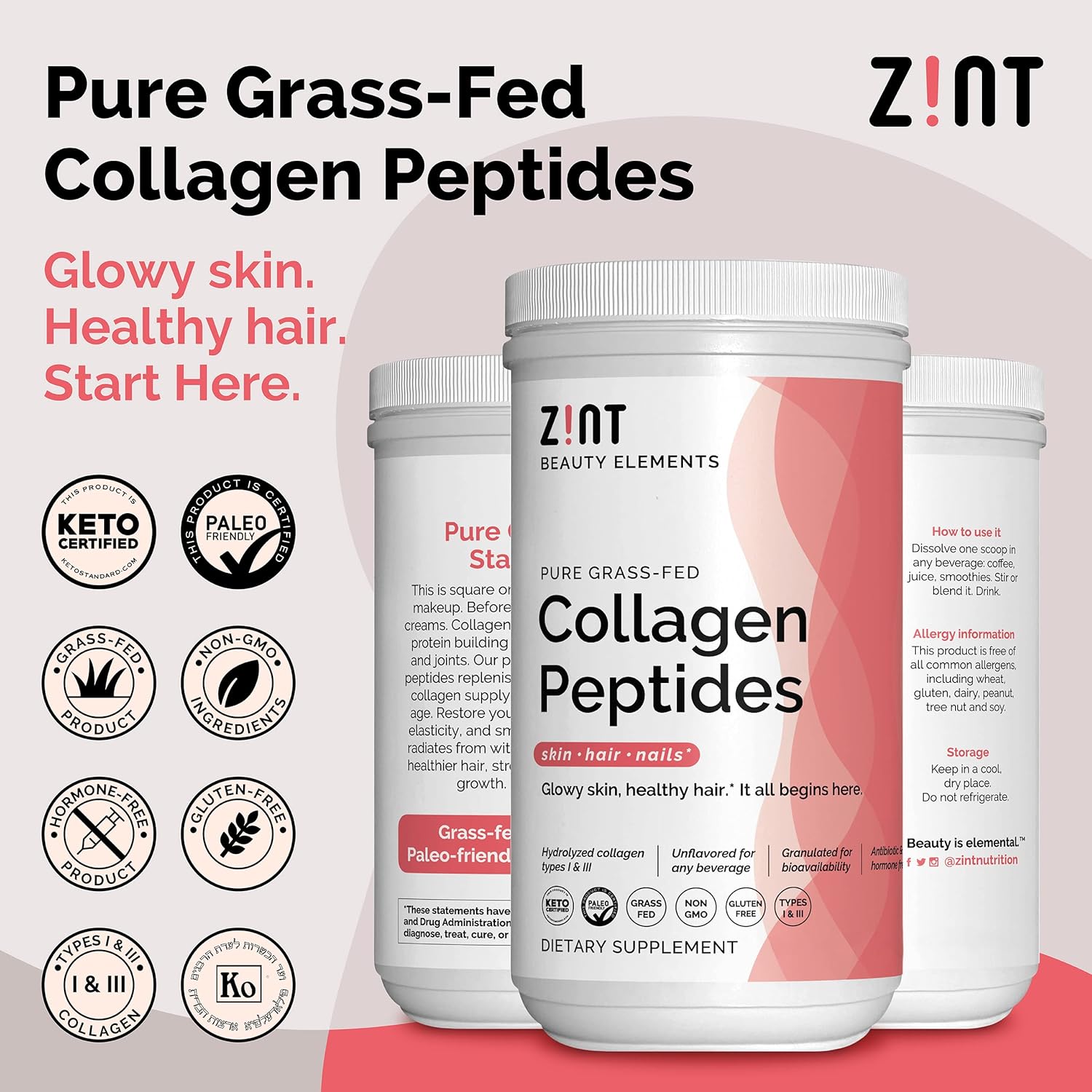 Zint Polvo de péptidos de colágeno certificado Paleo y Keto, hidrolizado de colágeno granulado tipo I y III para una mayor absorción, proteína