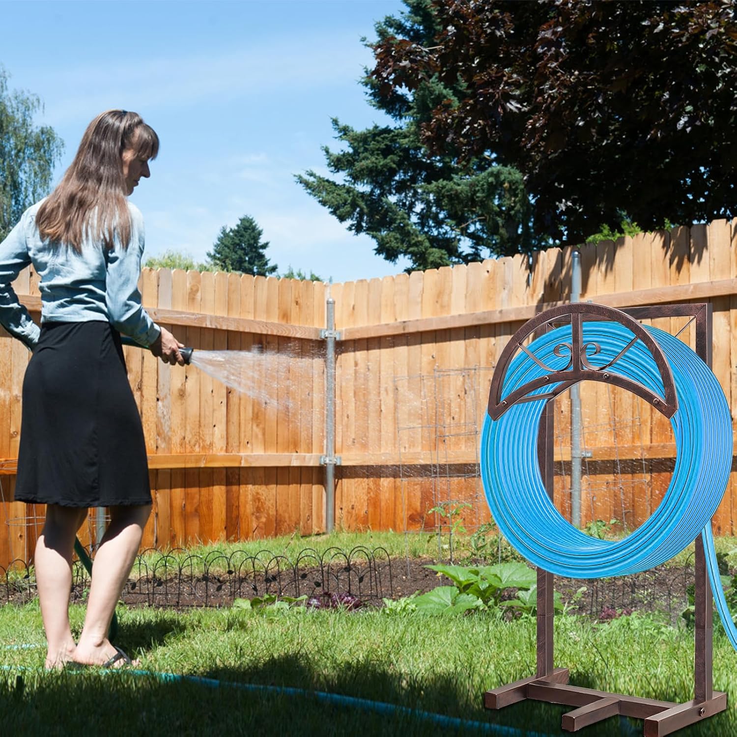 SHUONIVS Soporte para manguera de agua de jardín con 5 picos, colgador de manguera resistente mejorado independiente con capacidad para manguera de