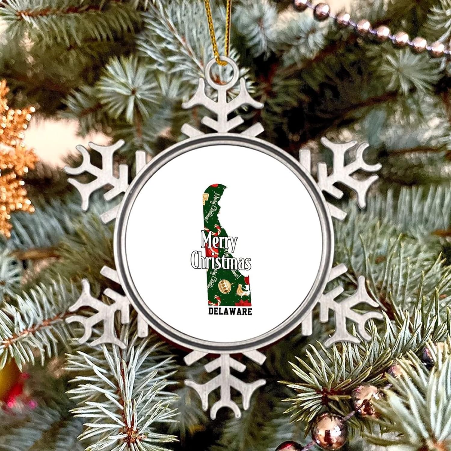 Adorno de Navidad de metal con mapa de Estados Unidos de Delaware State DE para colgante de árbol de Navidad, recuerdo colgante, recuerdo de