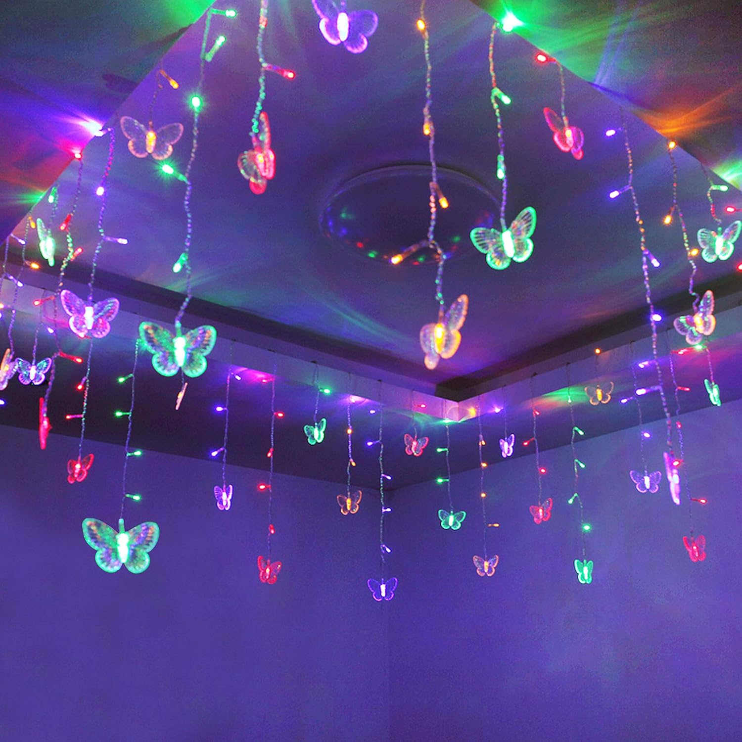 Decorman Luces de cortina de mariposa, 4.9 pies, 48 luces LED USB para ventana, 10 mariposas, 8 modos, luciérnaga, tira de luces parpadeantes para