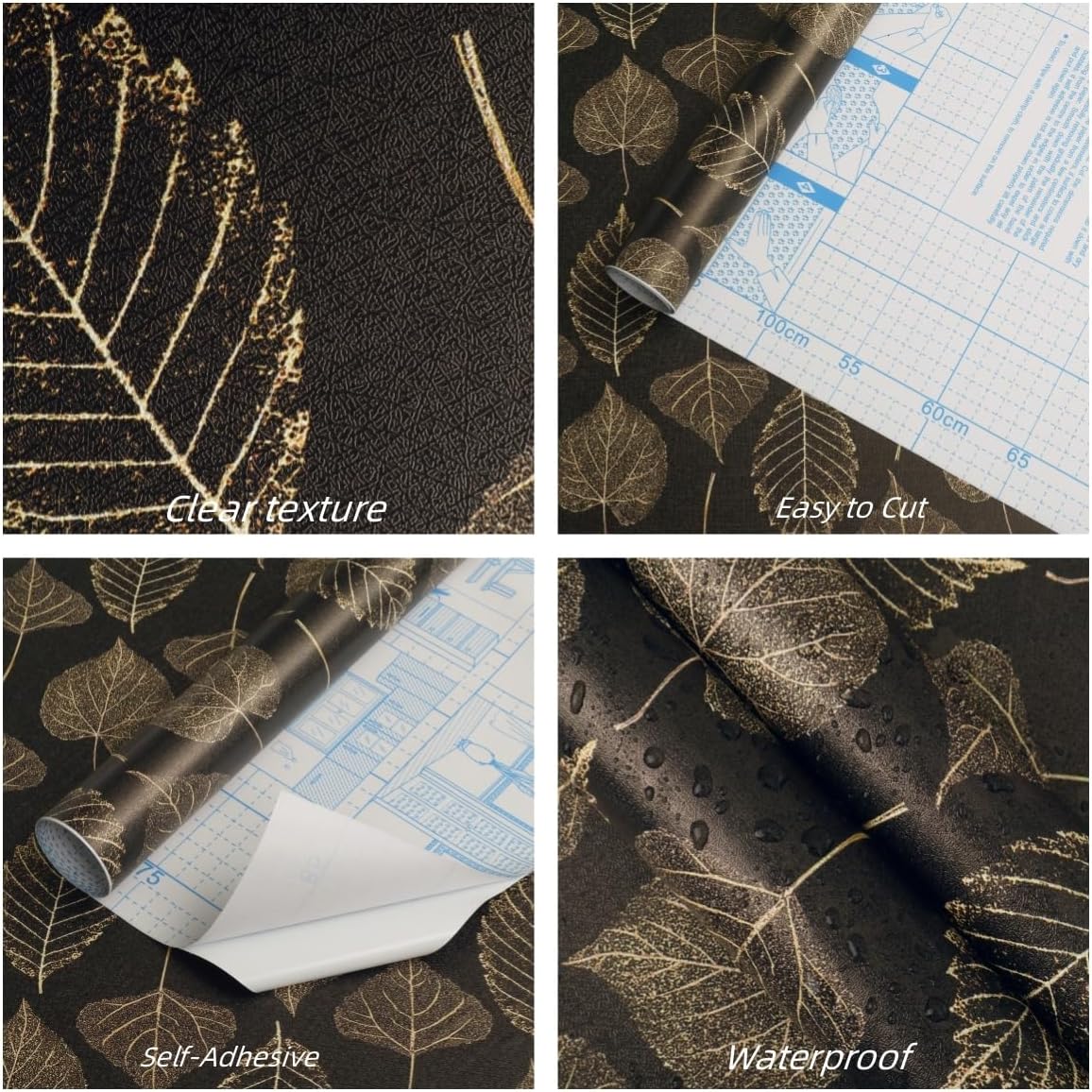 Ismoon Papel tapiz autoadhesivo con textura de hojas, color negro y dorado, autoadhesivo, extraíble, de vinilo grueso, impermeable, apto para