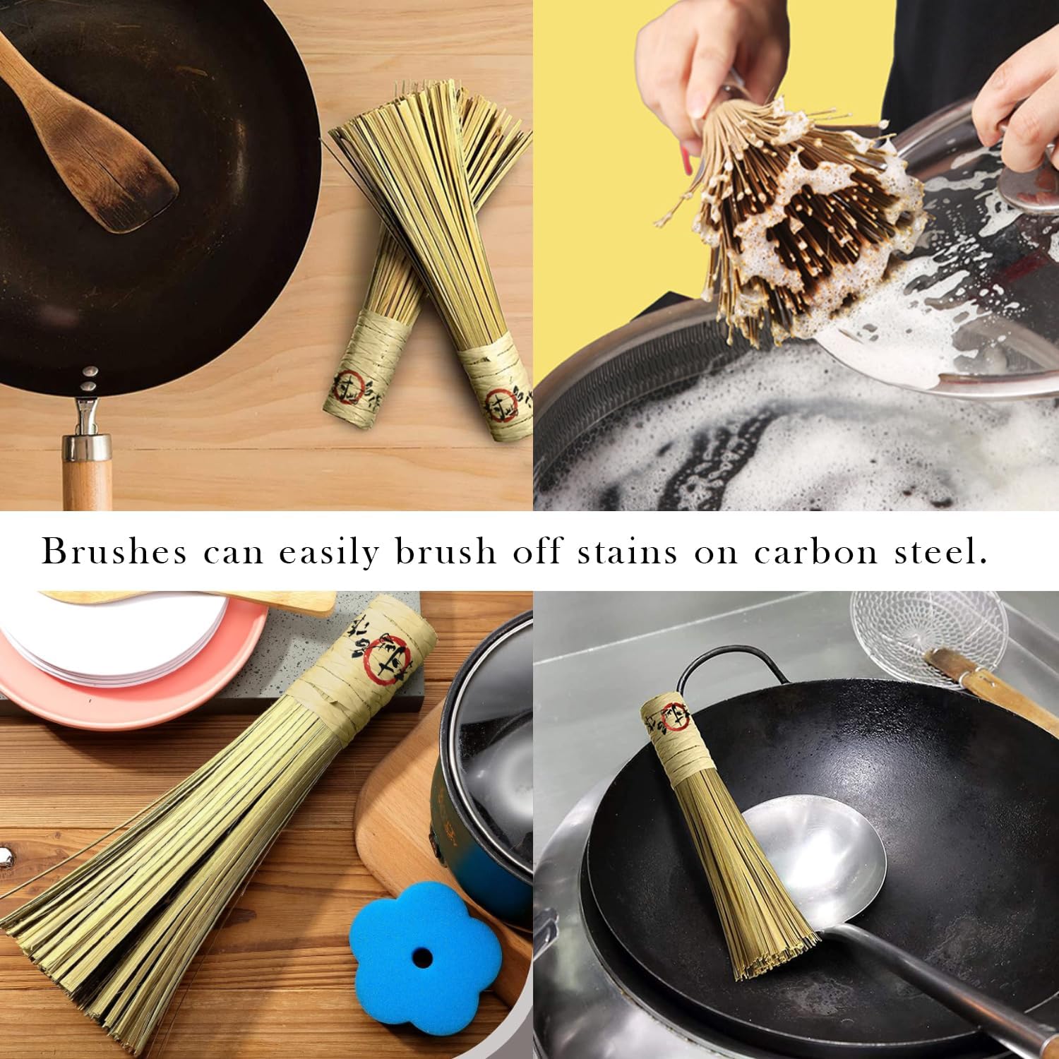 OTYFGHD Cepillo Wok de bambú de 12 pulgadas, cepillo plano, cepillos de limpieza de cocina para fregar y limpiar ollas, sartenes y utensilios de