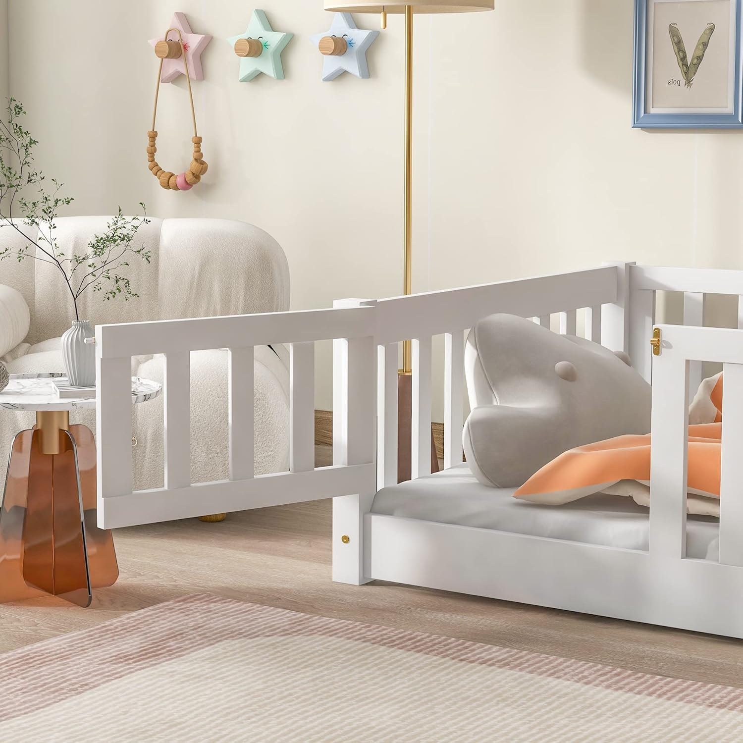 Cama moderna de plataforma de tamaño individual, cama de madera maciza con valla que se puede abrir, cama de madera para niños y niñas, soporte de