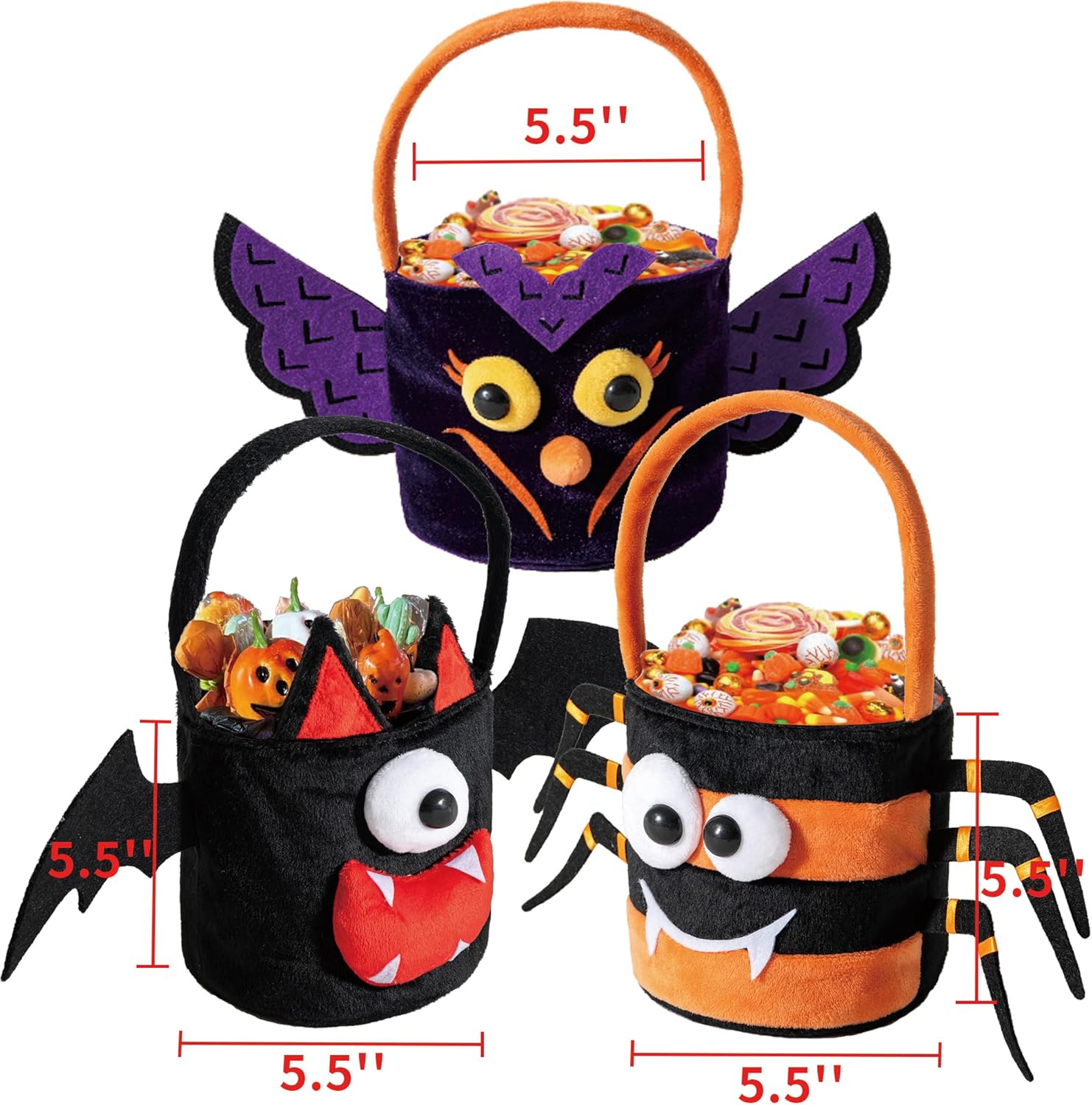 Bolsas de dulces de Halloween, bolsas de truco o trato, 3 cestas de Halloween para niños y niños pequeños, cubo de dulce o truco de Halloween, cesta