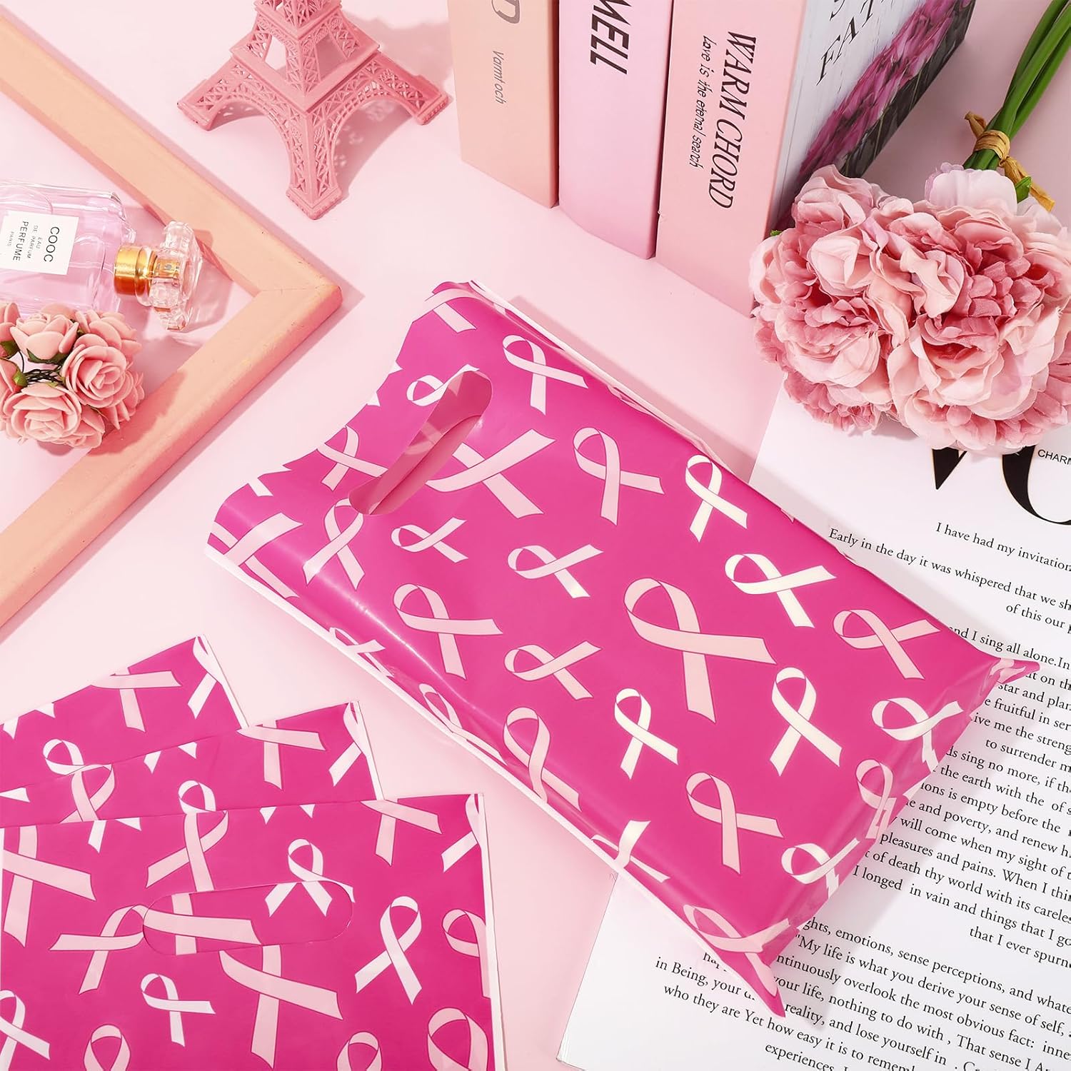 Whaline 72 bolsas de regalo para concientización sobre el cáncer de mama, bolsas de regalo de cinta rosa, bolsas de plástico para dulces, bolsas de