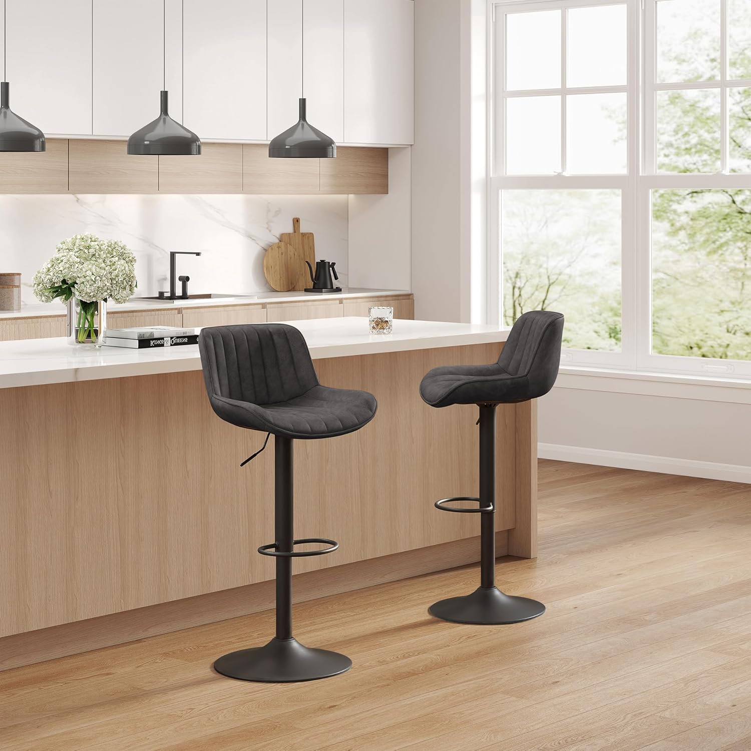 Art Leon Morden – Juego de 2 taburetes de bar de piel sintética con respaldo, silla giratoria ajustable para el hogar, cocina, isla pub, base con