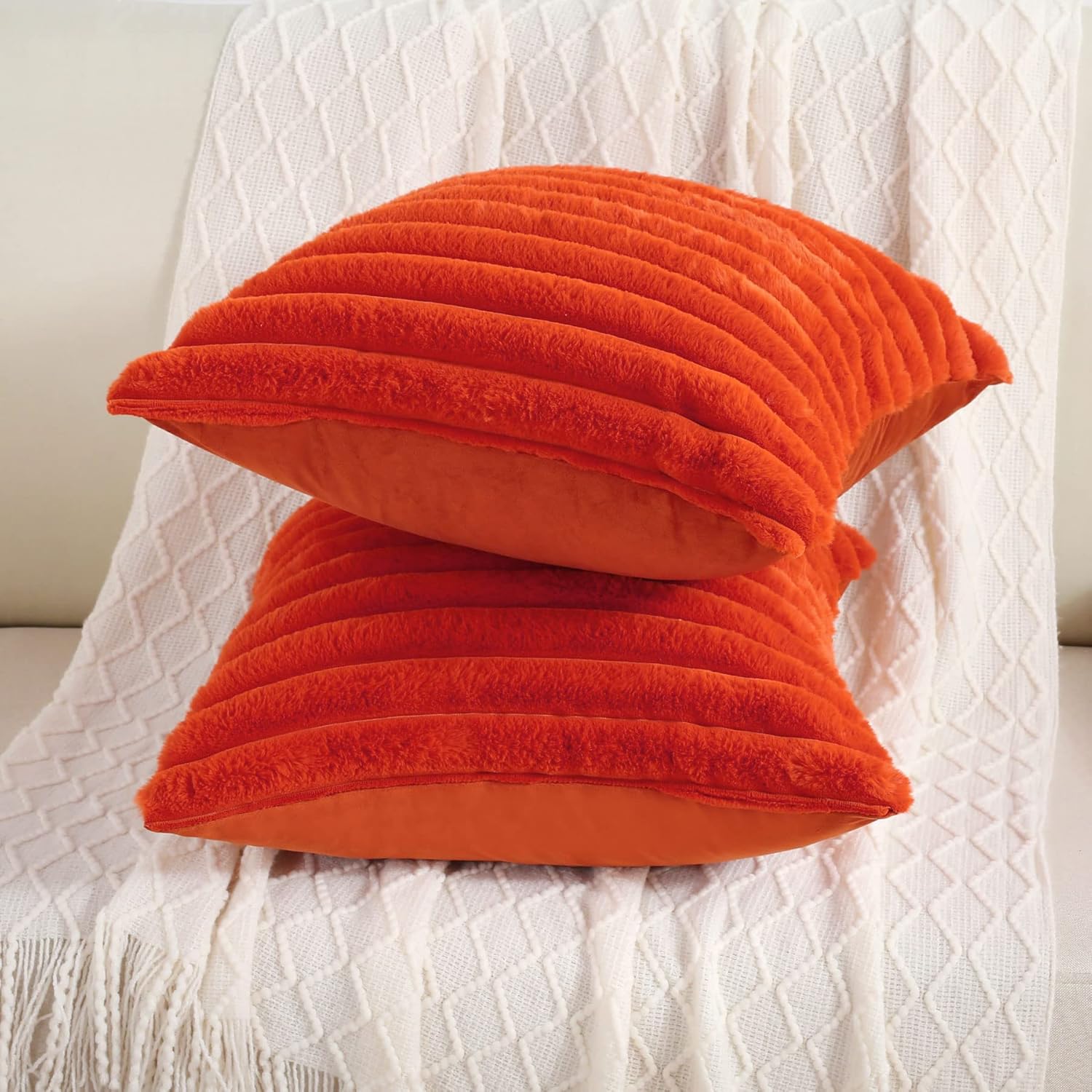 FUTEI – Juego de 2 fundas de almohada decorativas con rayas de color naranja quemado, 26 x 26 pulgadas, cuadradas y primaverales, piel sintética de
