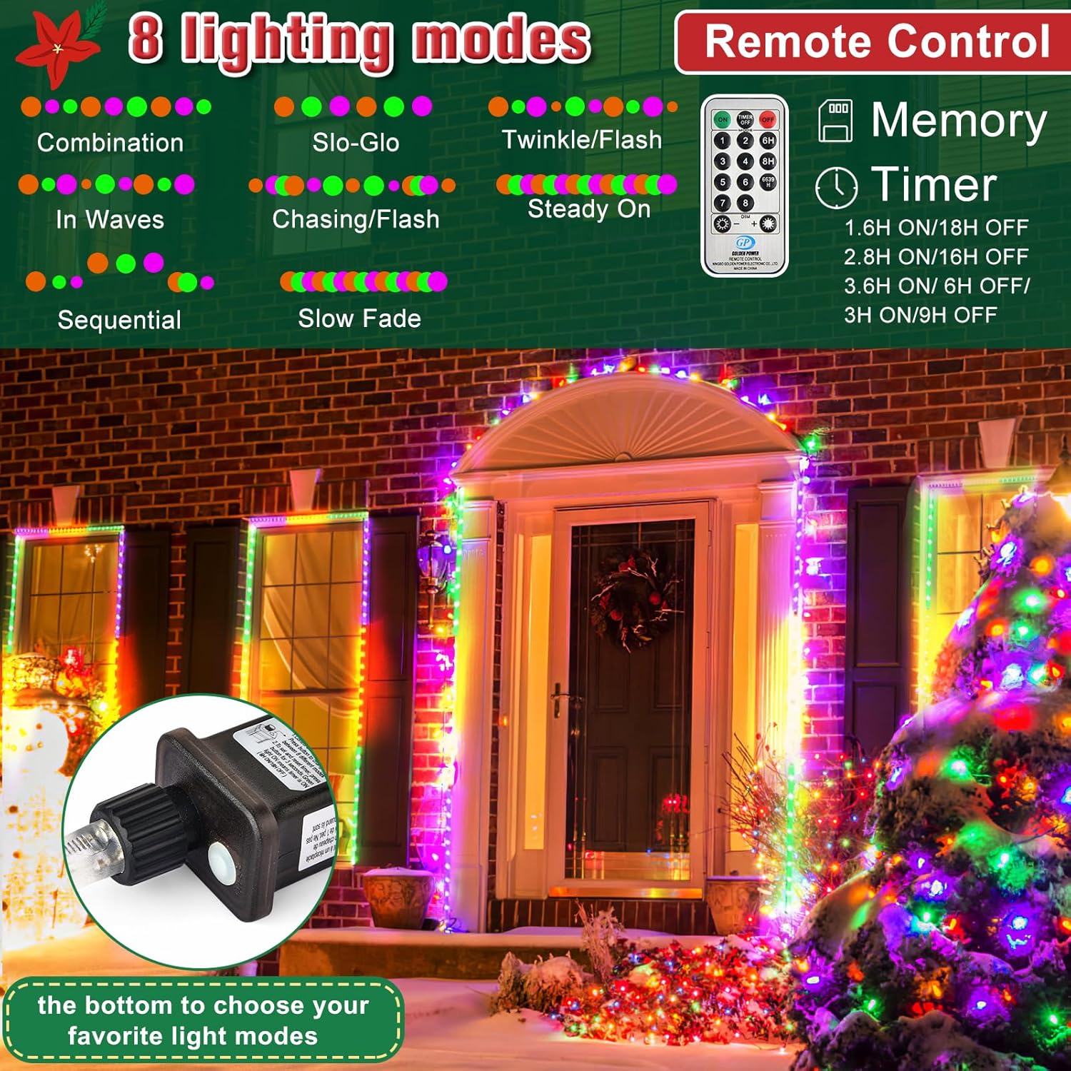 Cuerda de luces LED impermeables para exteriores, luces LED, luces de cadena de luces moradas, verdes y naranjas con 8 modos, función de memoria y