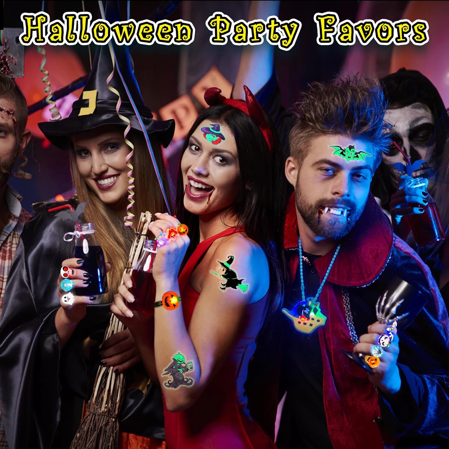 38 piezas de recuerdos de fiesta de Halloween para niños, anillos con luz 3D, juguetes a granel, golosinas de Halloween sin dulces, 28 anillos