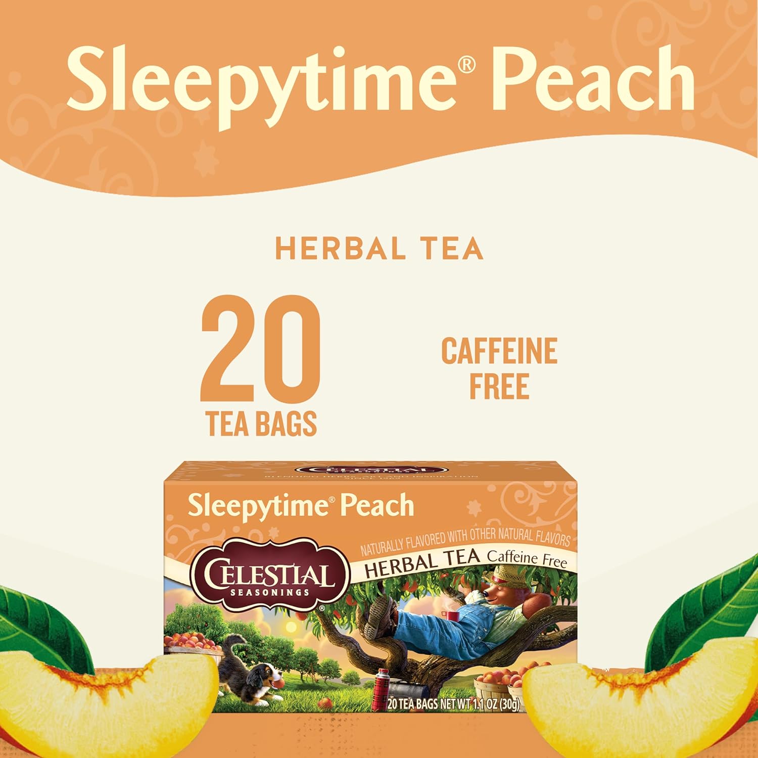 Celestial Seasonings Sleepytime Herbal Peach Tea, Caffeine Free, 20 Tea Bags Box, (Pack of 6)