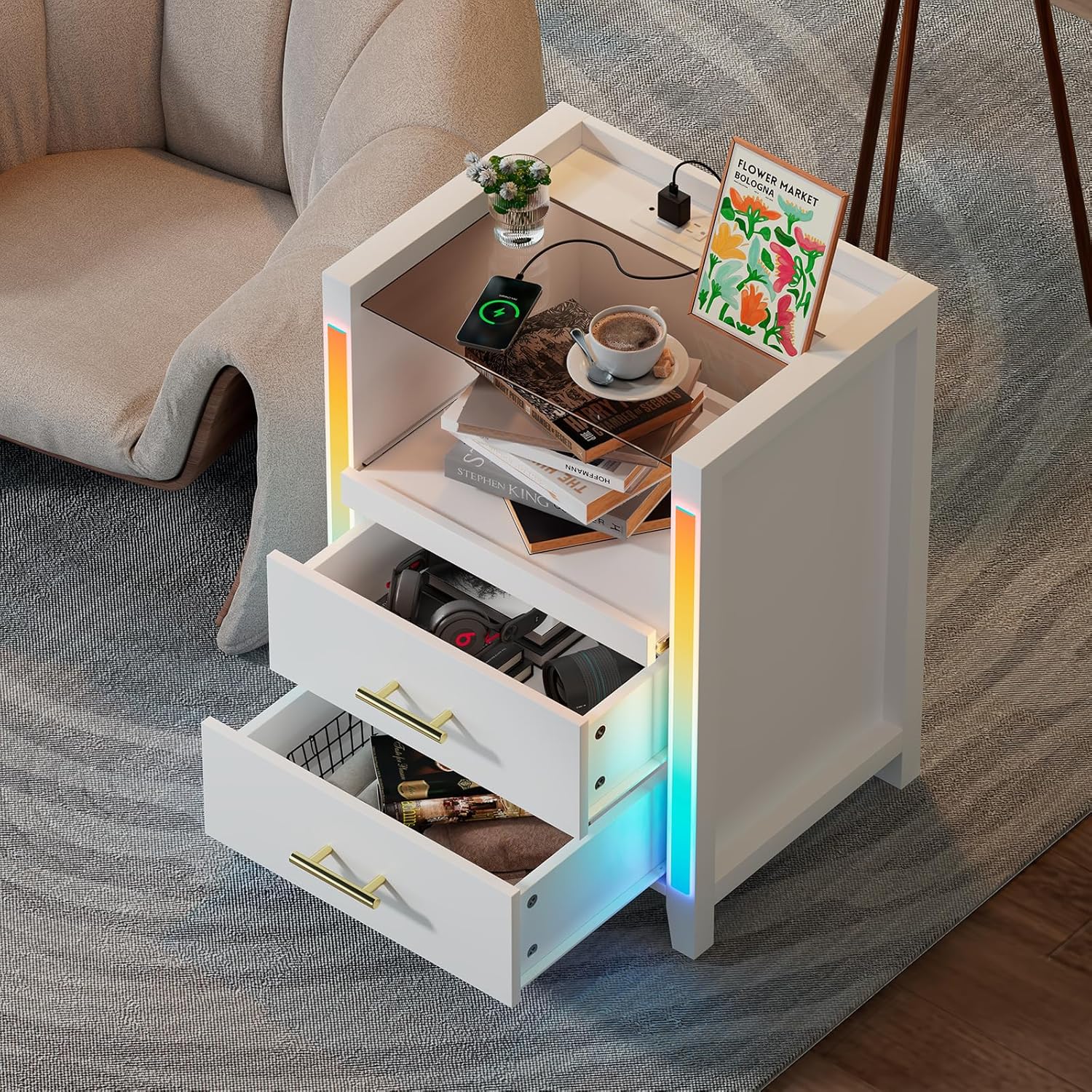 Mesita de noche con estación de carga, luces LED, mesita de noche con estante extraíble y 2 cajones, mesita de noche con mesa de vidrio templado,