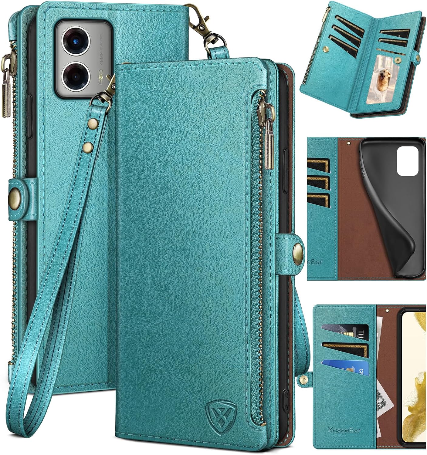XcaseBar Funda tipo cartera para Moto G 5G 2023 con cremallera y tarjetero de crédito con bloqueo RFID, funda de piel sintética con tapa para
