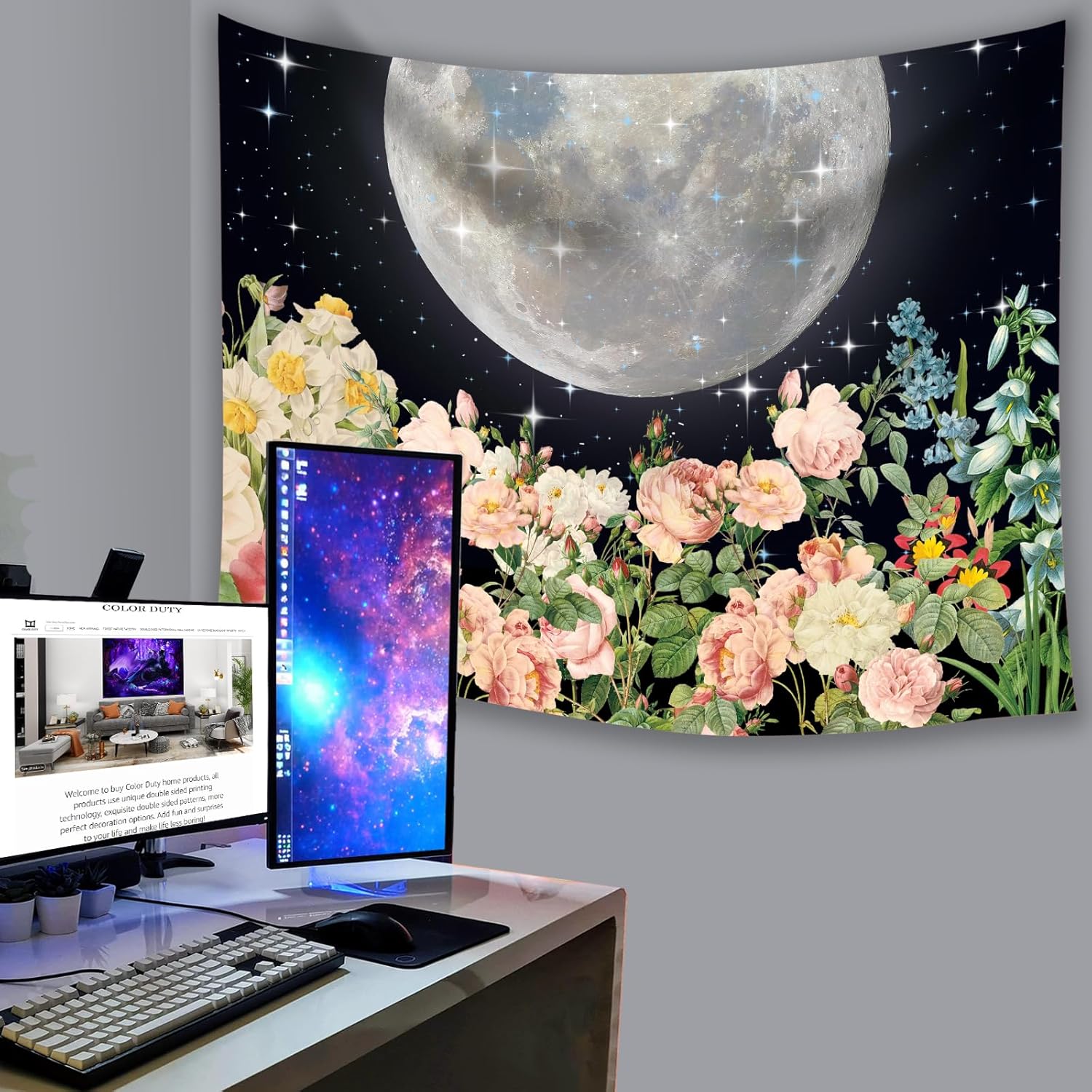 Color Duty GTXPCD556 – Tapiz bohemio de plantas florales para colgar en la pared, 80 x 60 pulgadas, luna, estrella, cielo, bohemio, acuarela,