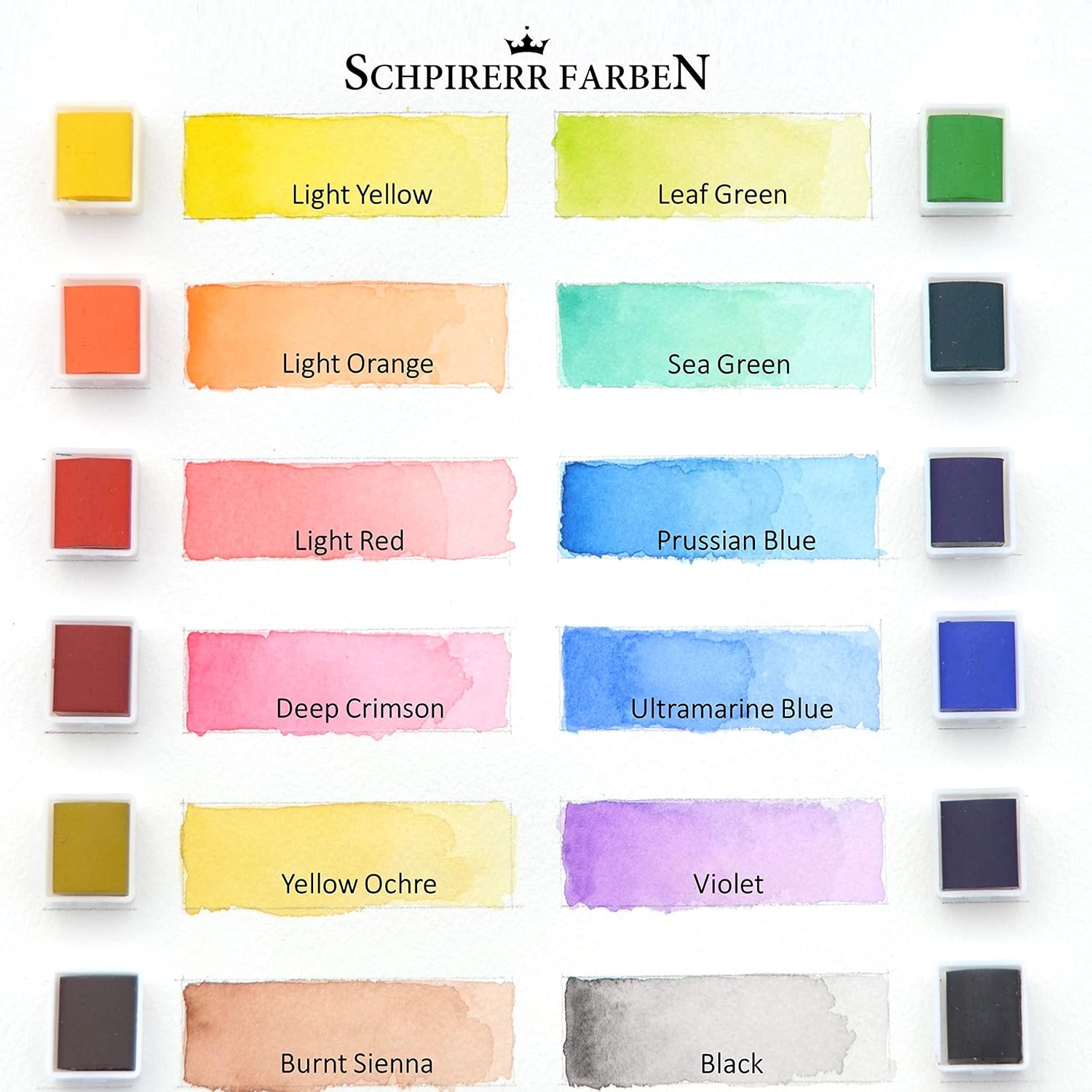 SCHPIRERR FARBEN Professional Artists – Juego de 12 pinturas de acuarela, 10 pinceles redondos, cerdas sintéticas suaves, mango corto y 2 paletas de