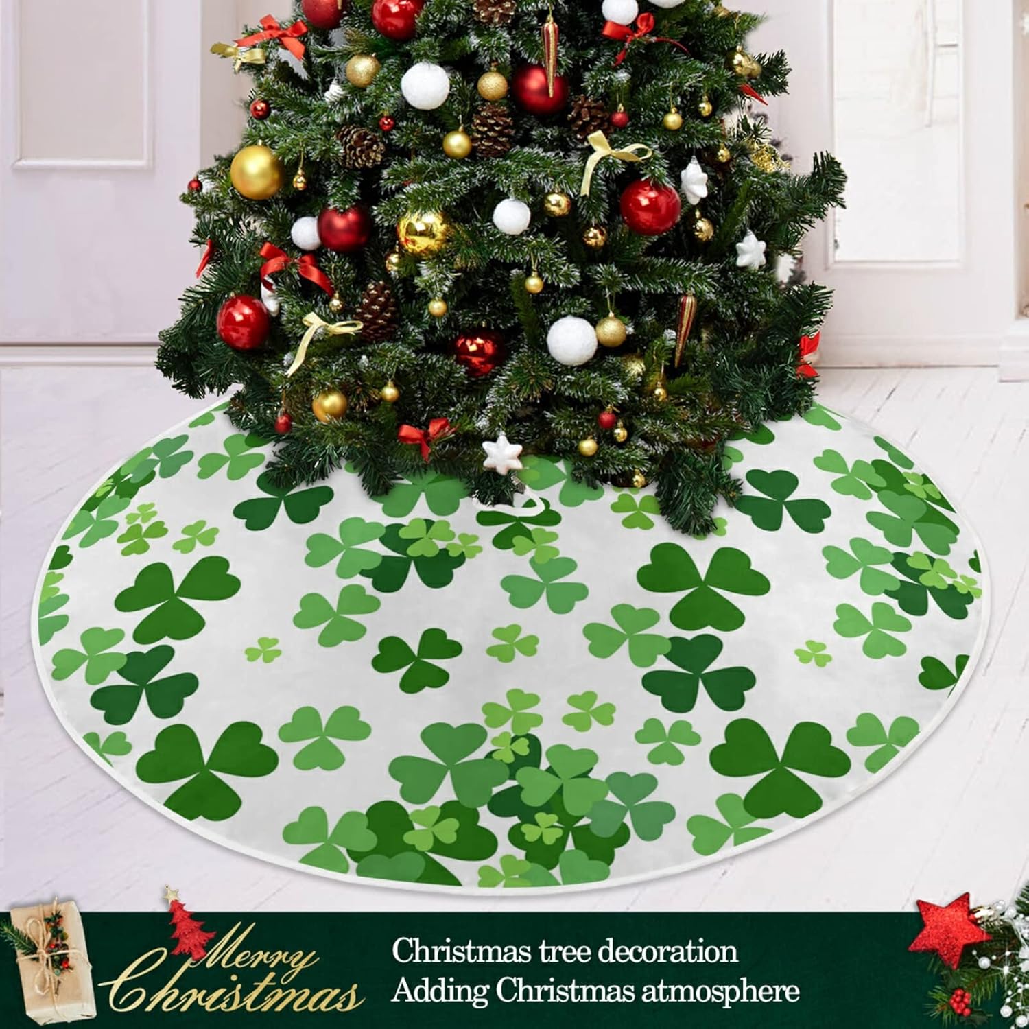 Falda de árbol de Navidad, trébol de la suerte, trébol, alfombra de árbol para fiestas festivas