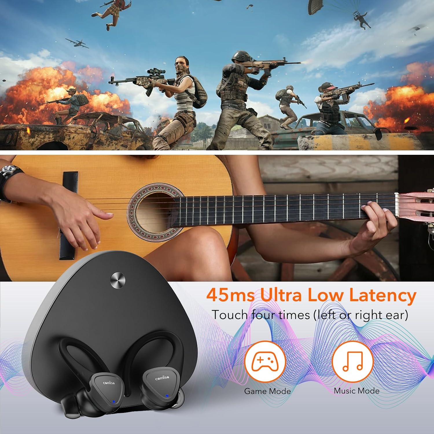 comiso Auriculares inalámbricos E8 con graves intensos, Bluetooth 5.3 integrados ENC y ecualizador activo, control táctil, tiempo de reproducción de