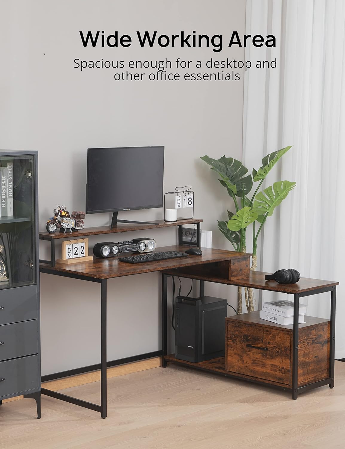 Escritorio ergonómico moderno para computadora con cajón de archivos, escritorio de oficina en forma de L de estilo industrial simple para oficina
