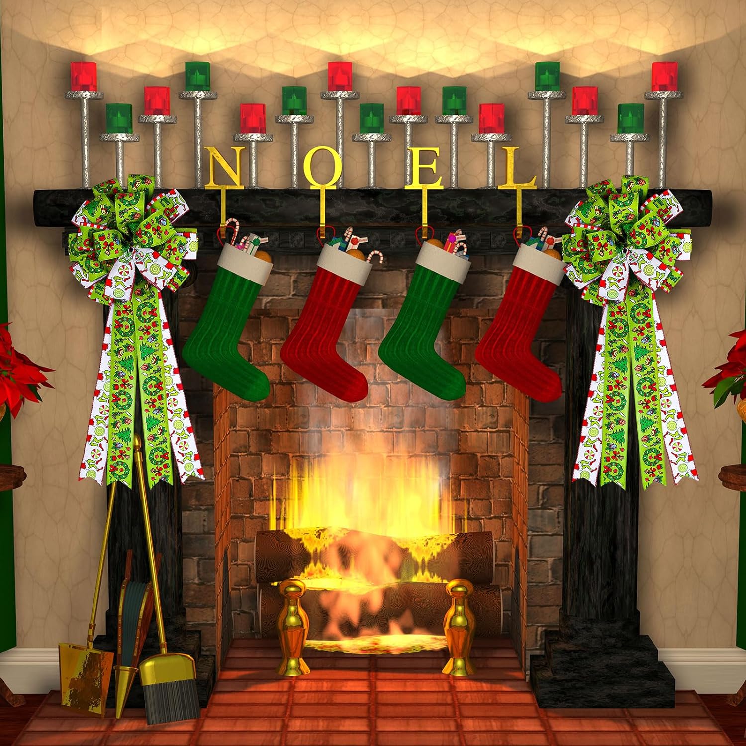 AnyDesign – 5 rollos de cinta de Navidad con borde con alambre de Navidad, divertido personaje de dibujos animados, cinta roja y verde con